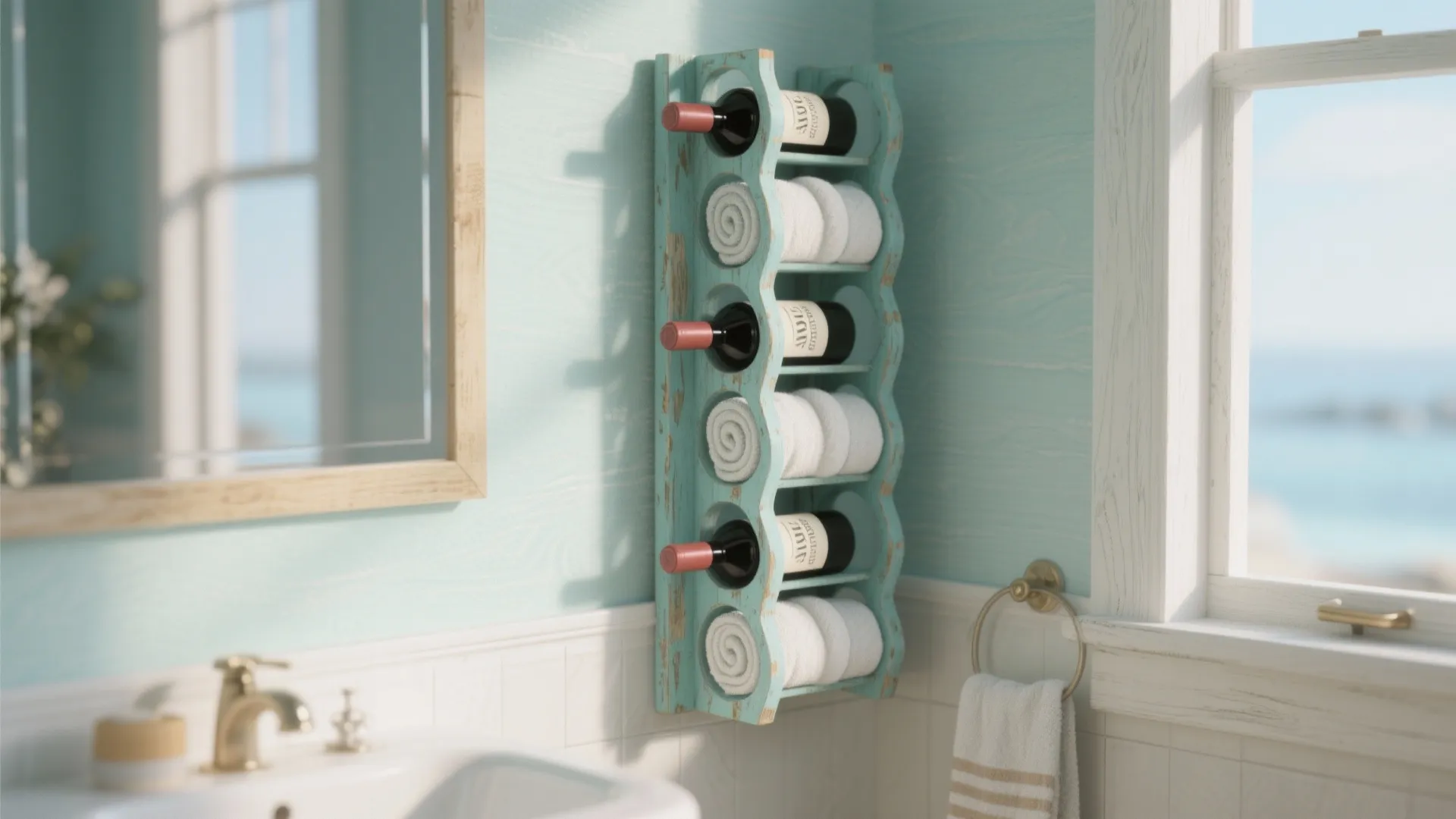 Teal wall mounted bottle rack used for storing rolled white towels and wine bottles inside