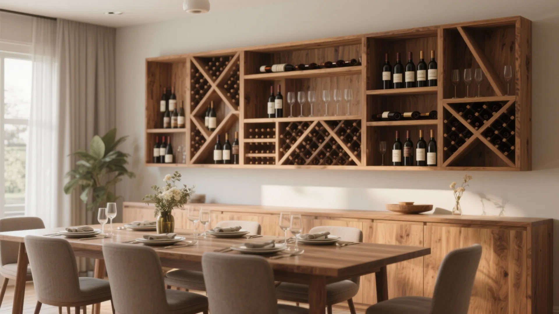 Modern dining room featuring wooden wall wine rack above long table with chairs and cabinet