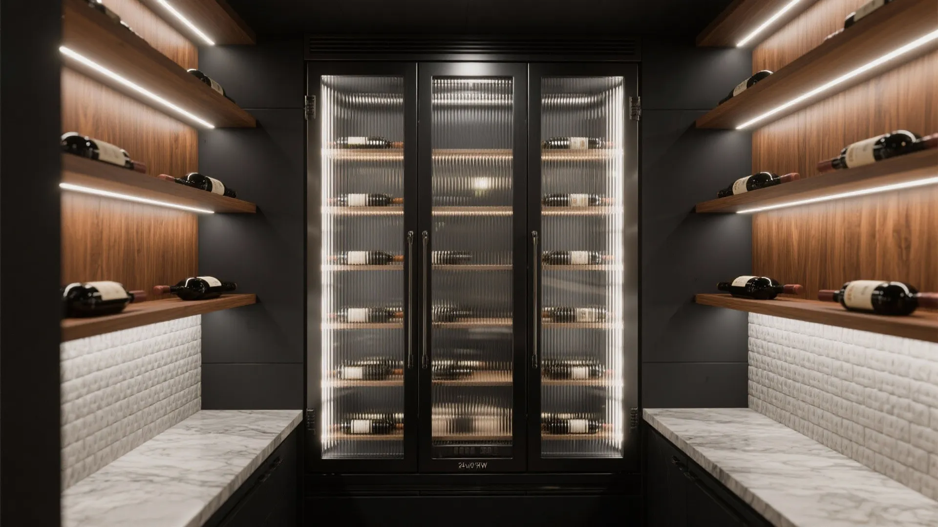 Sleek glass wine fridge flanked by wooden shelves with integrated lighting and marble counter tops