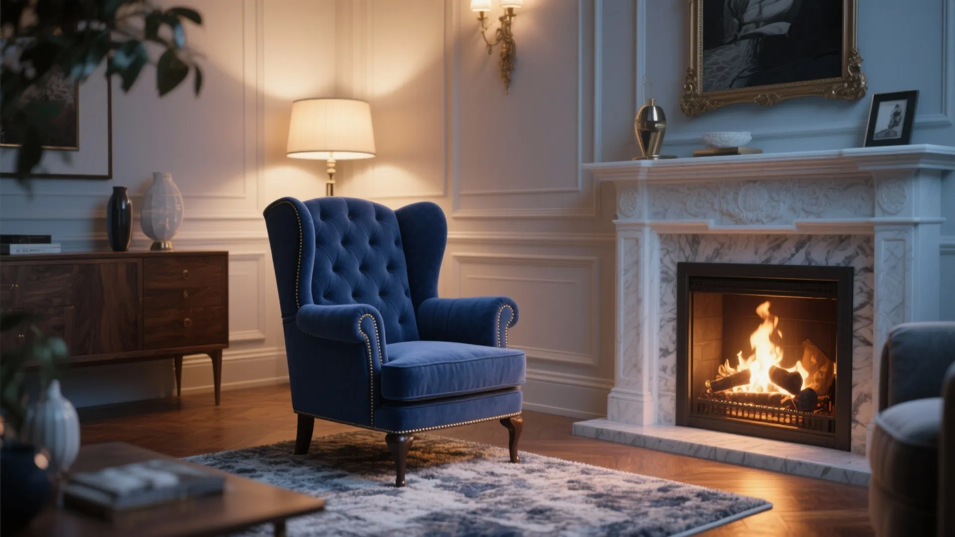 Classic blue velvet armchair in a luxury living room with a fireplace and warm light