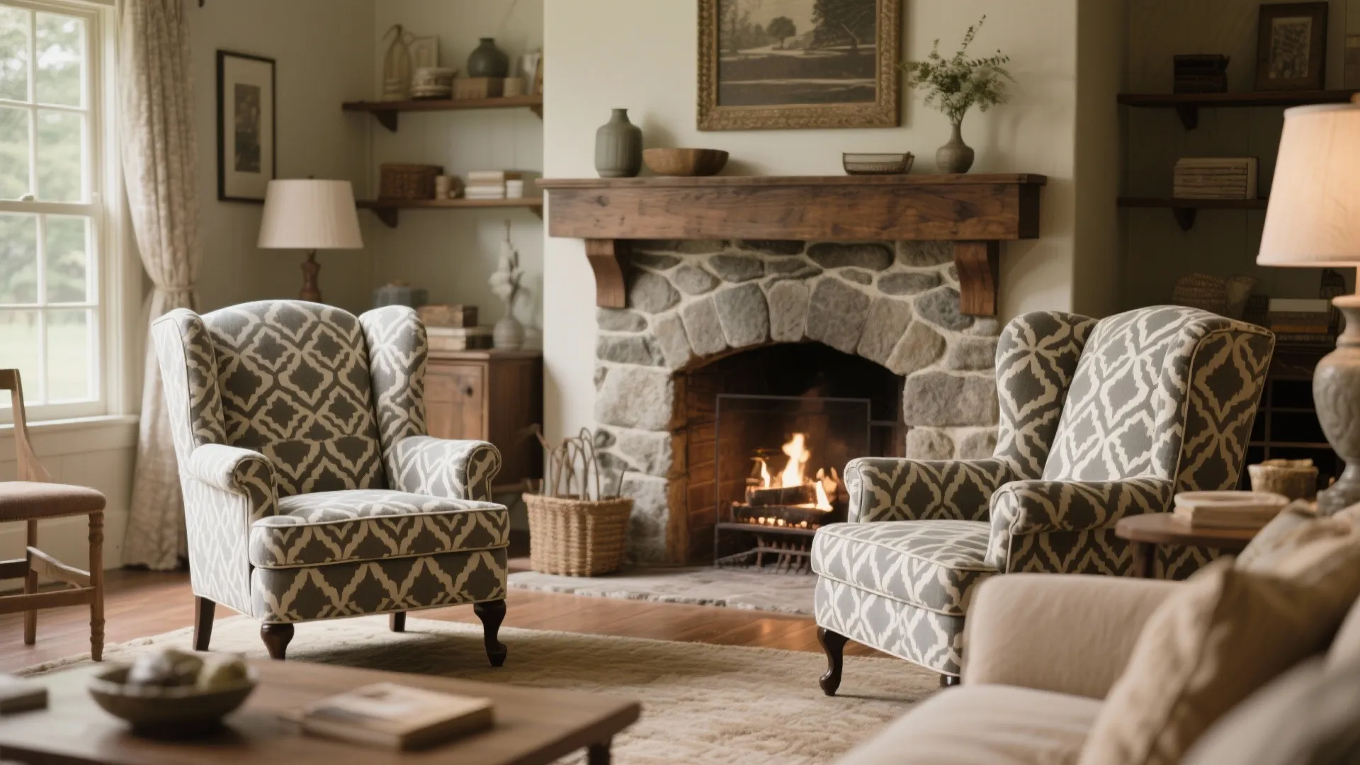 Two patterned armchairs sit in a cozy living room with stone fireplace and wooden mantel
