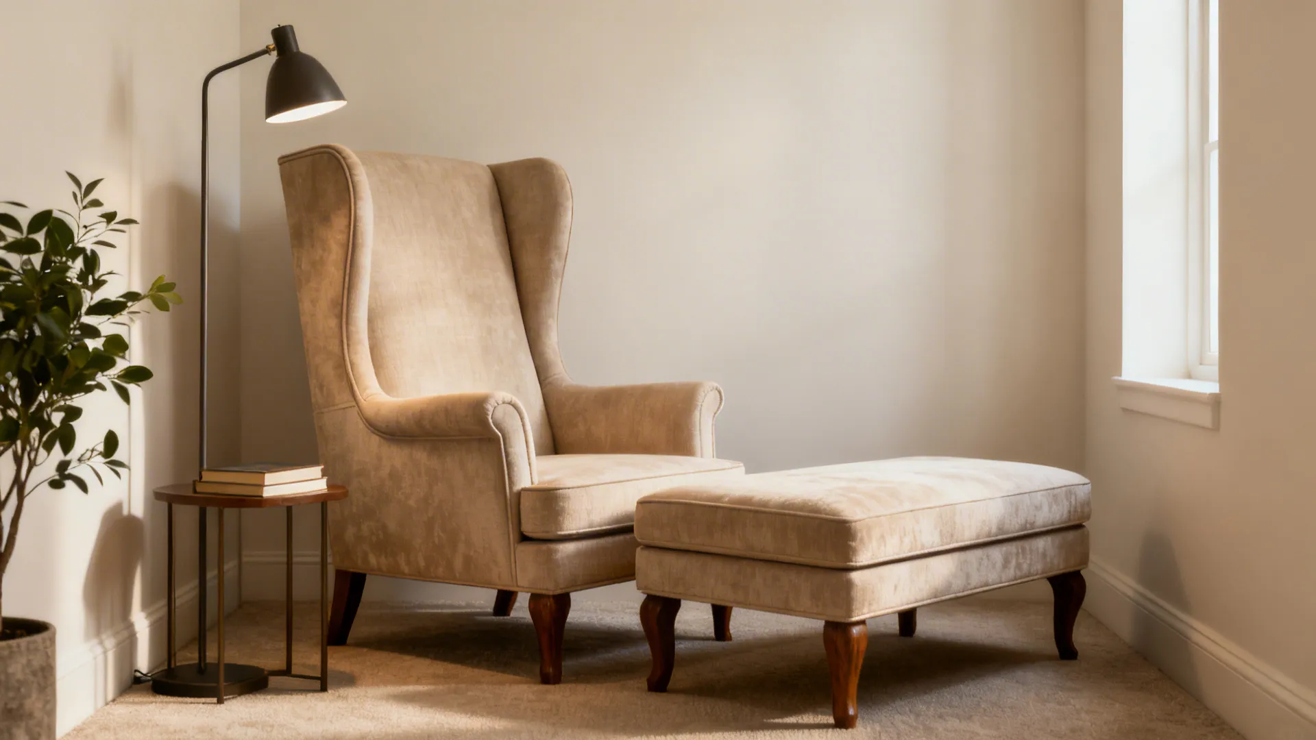 Narrow wingback chair with a bench-style ottoman creating a compact reading nook.