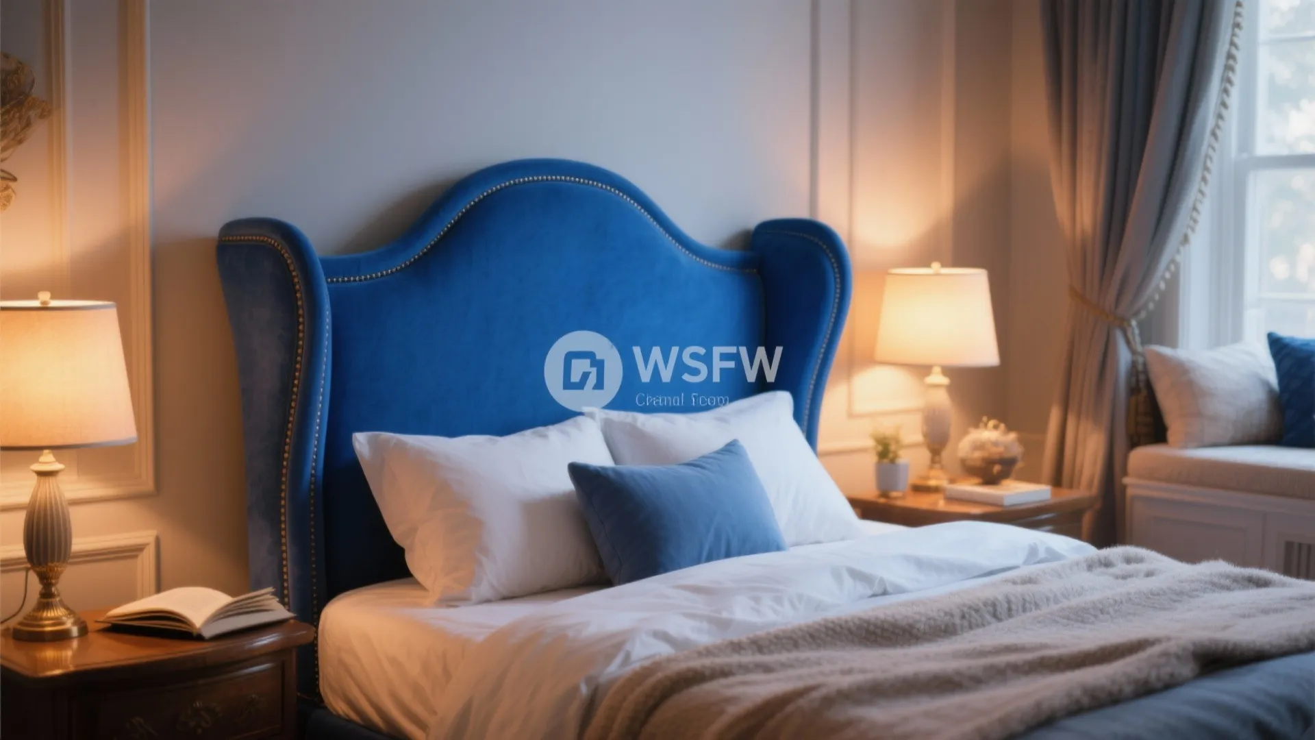 Wingback royal blue headboard giving a cozy cocoon feel