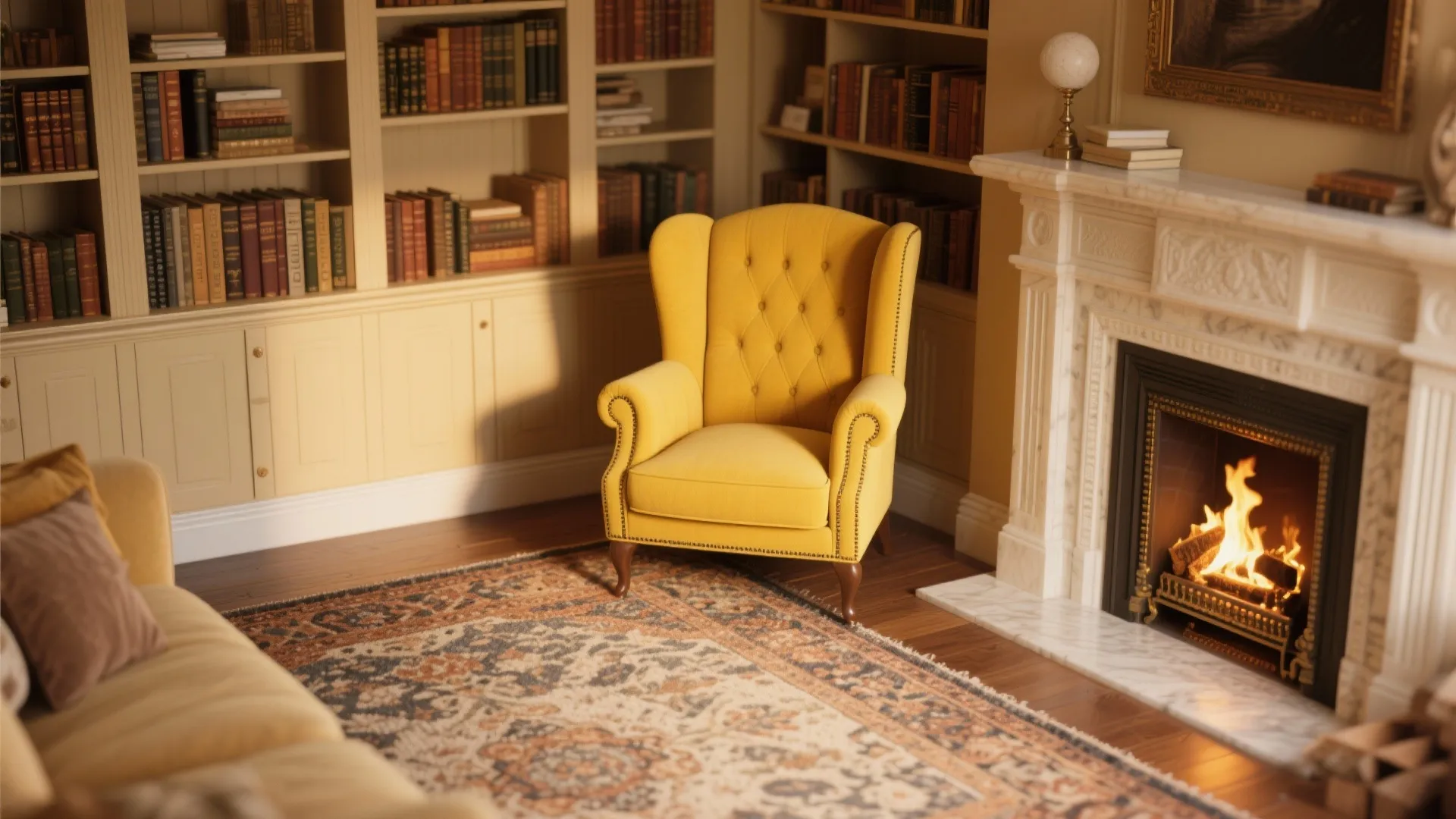 Yellow armchair placed in a cozy library room with bookshelves and a warm burning fireplace