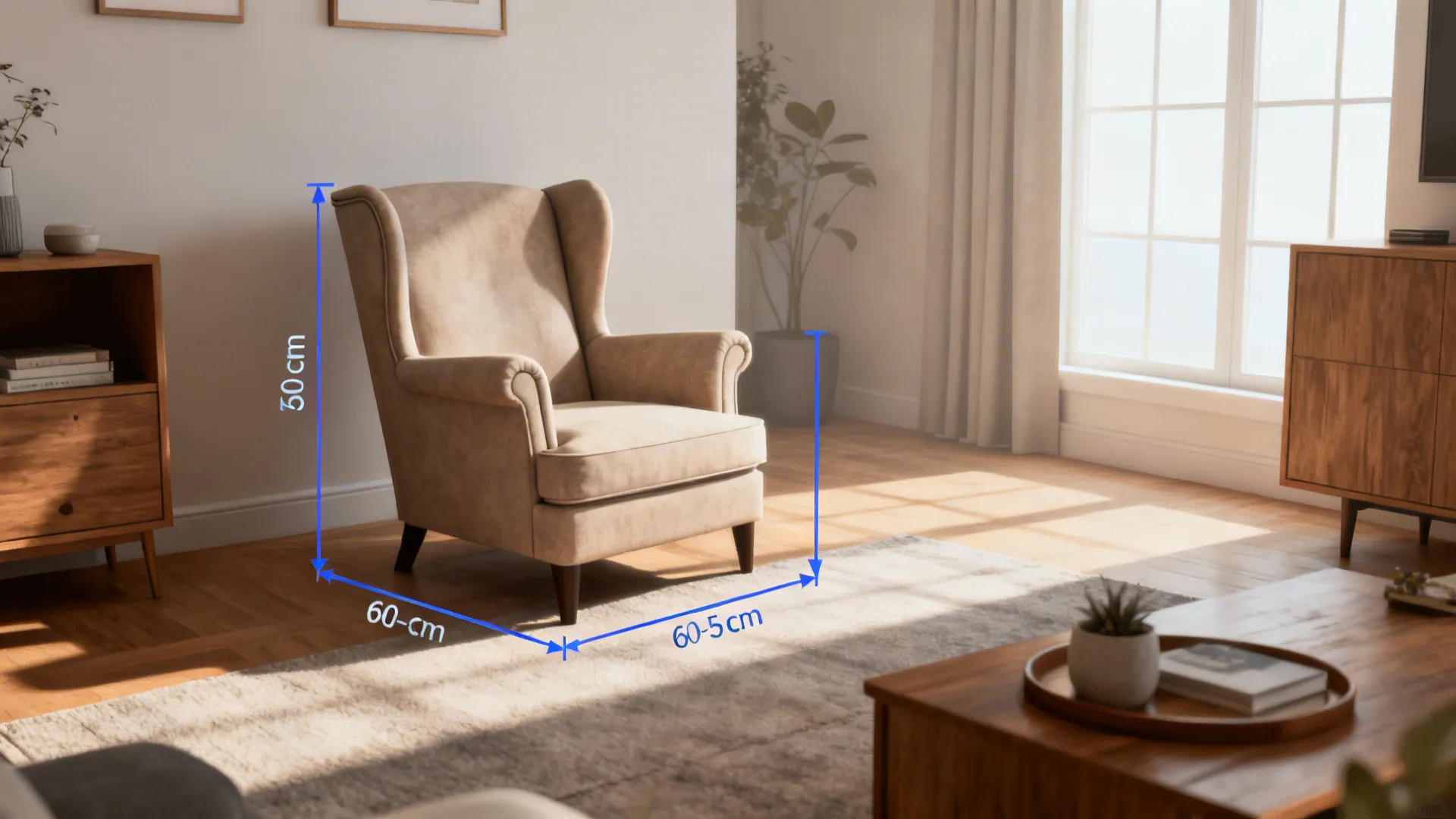 Top-down floor plan visualization showing recommended 60-75 cm circulation around a wingback chair