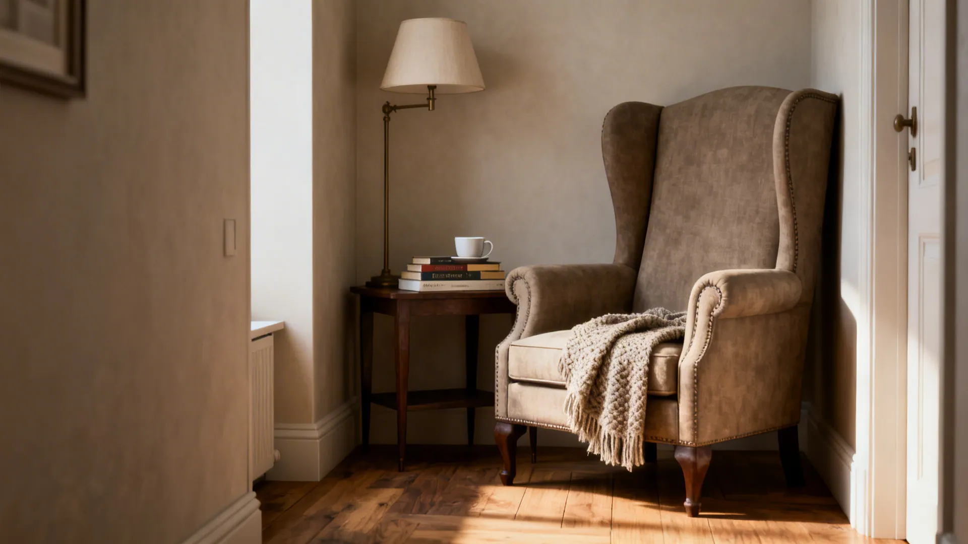 Classic wingback chair creating a cozy reading nook with side table and lamp in a small living room corner.