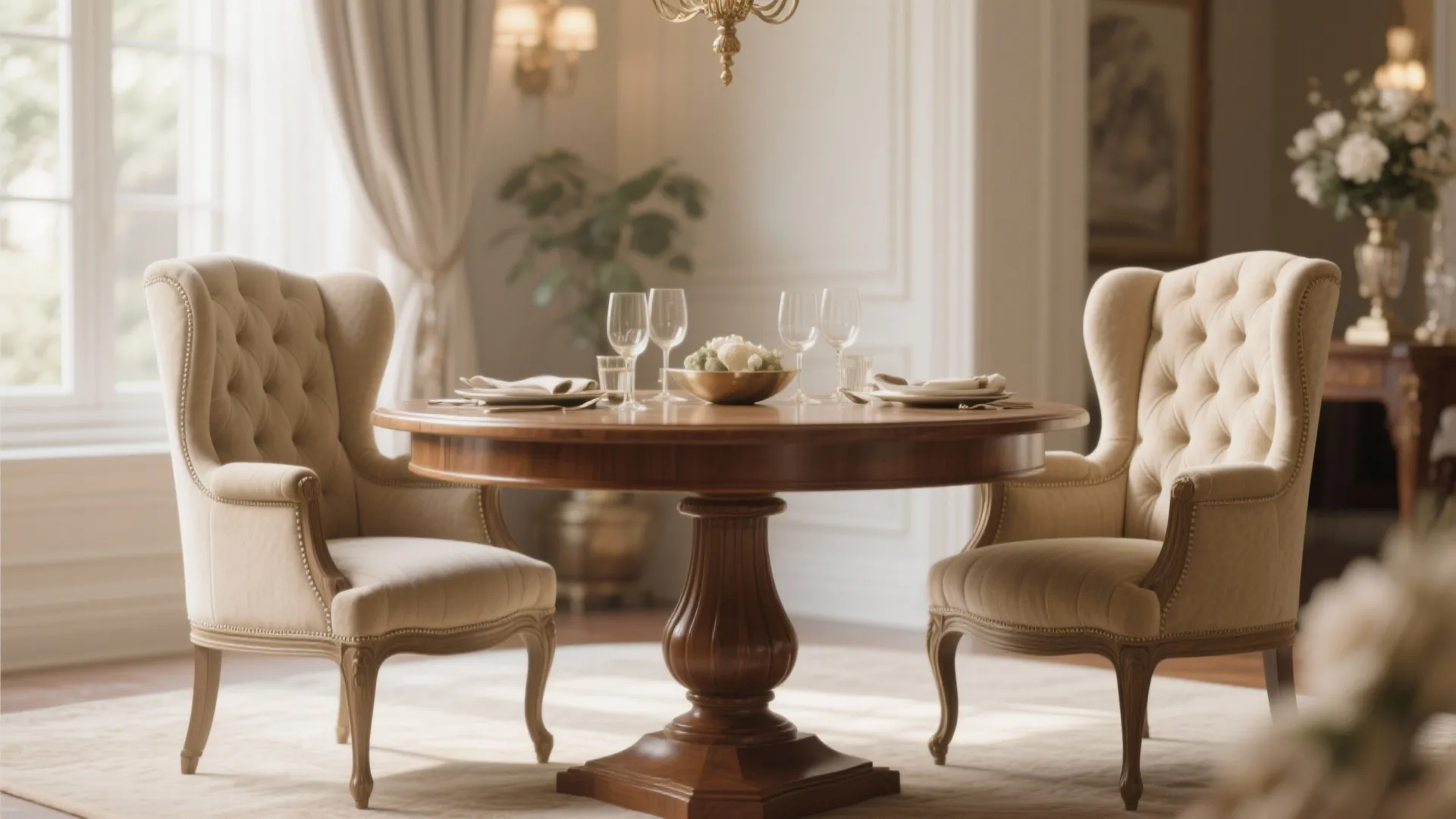 Two elegant beige wingback chairs around a round wooden dining table in a bright room