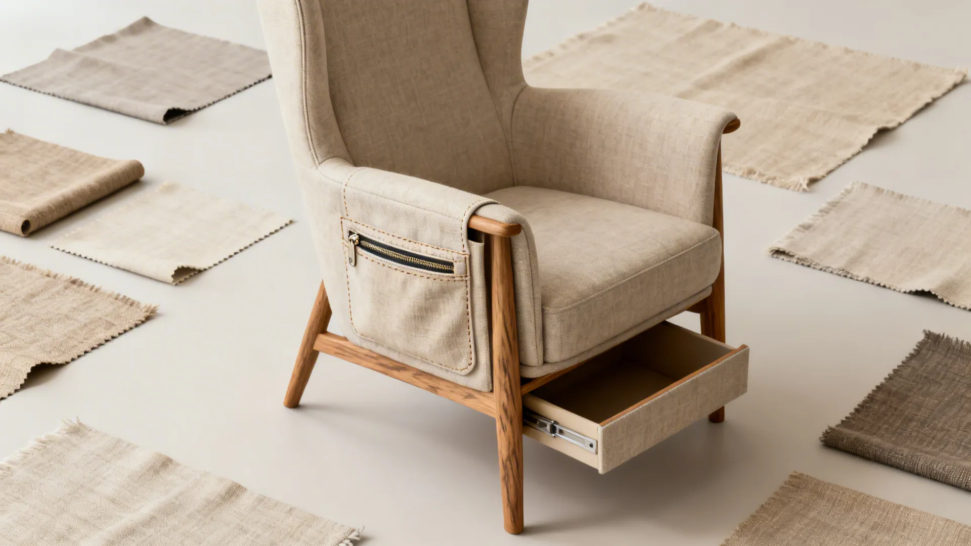 Material flatlay showing fabric swatches and integrated storage details for a slim wingback.