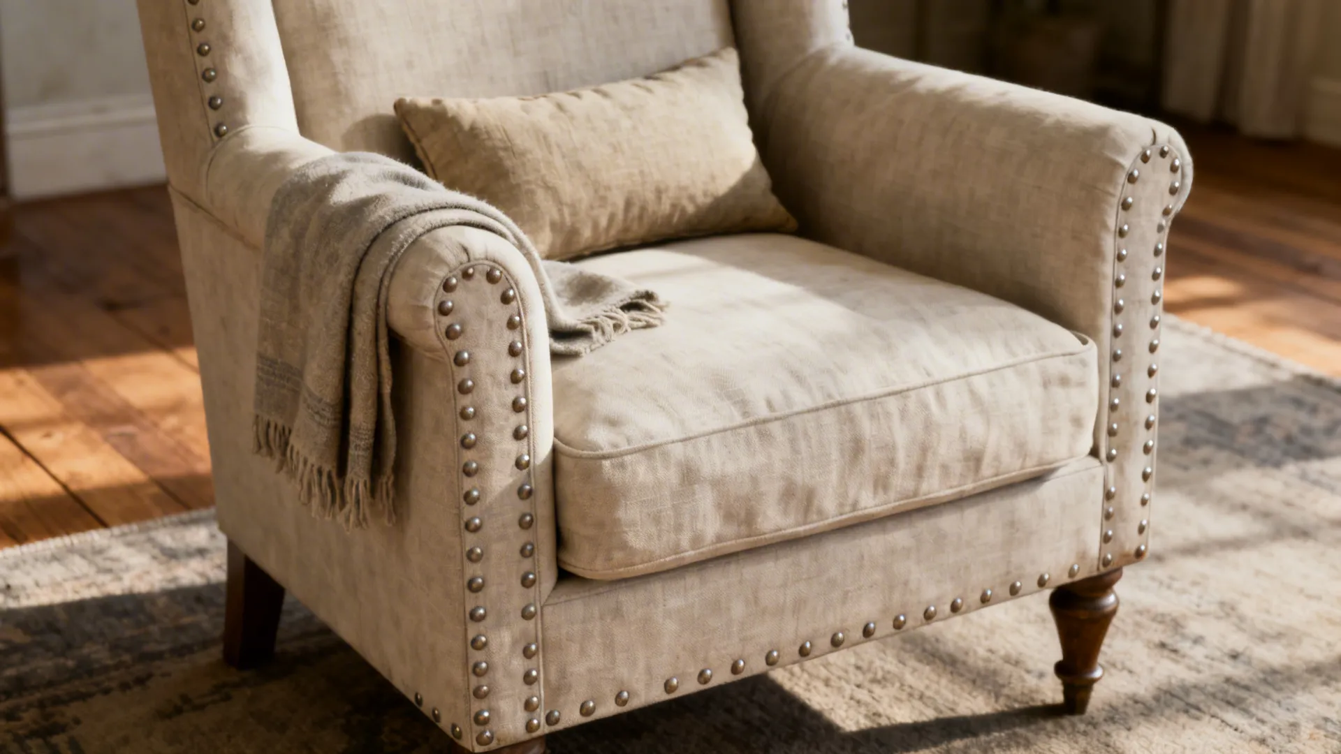 Linen-upholstered wingback chair with nailhead trim in a neutral farmhouse interior.