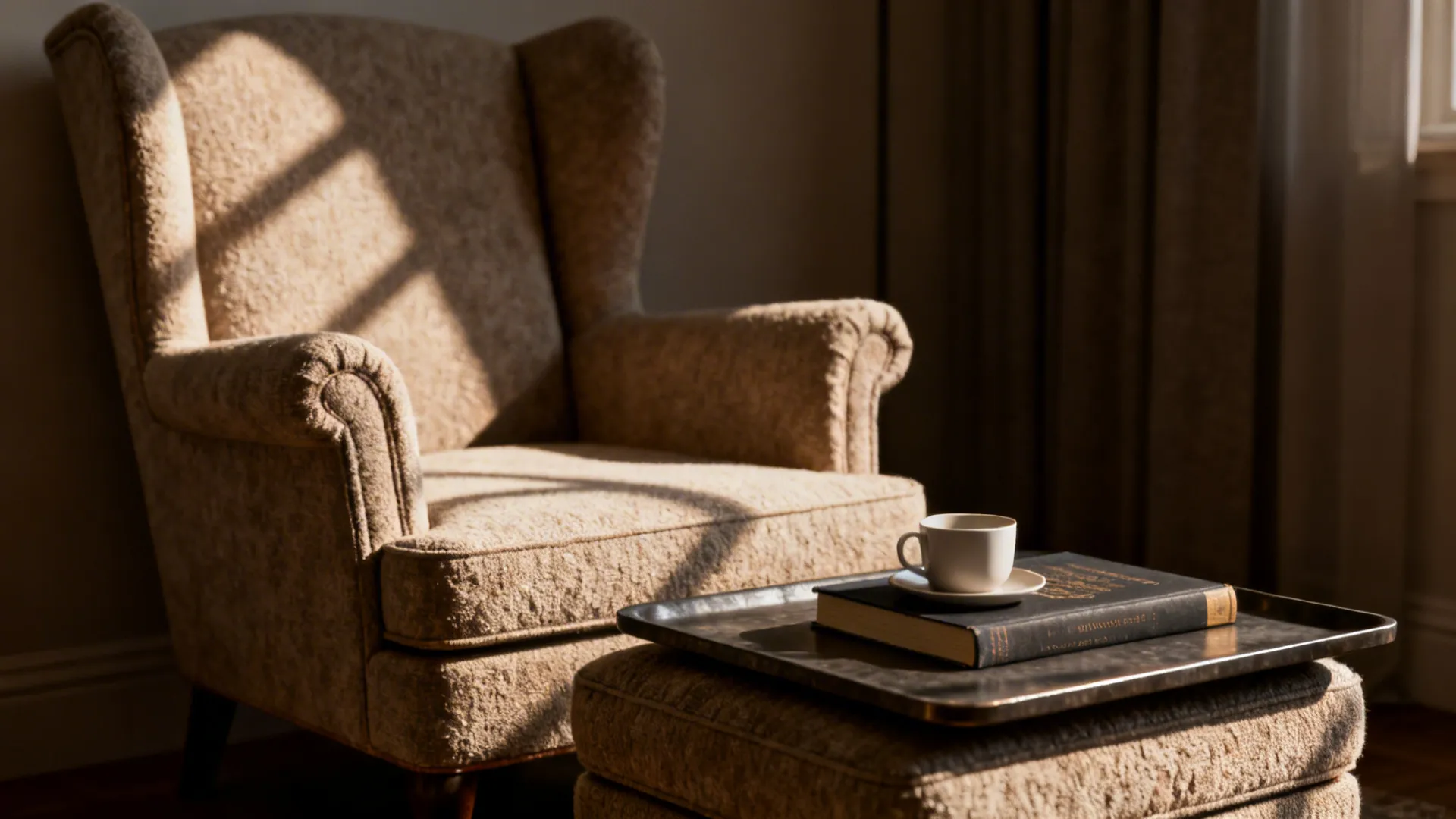 Close-up of a petite wingback chair and an ottoman with a heavy flat tray holding a book and cup.