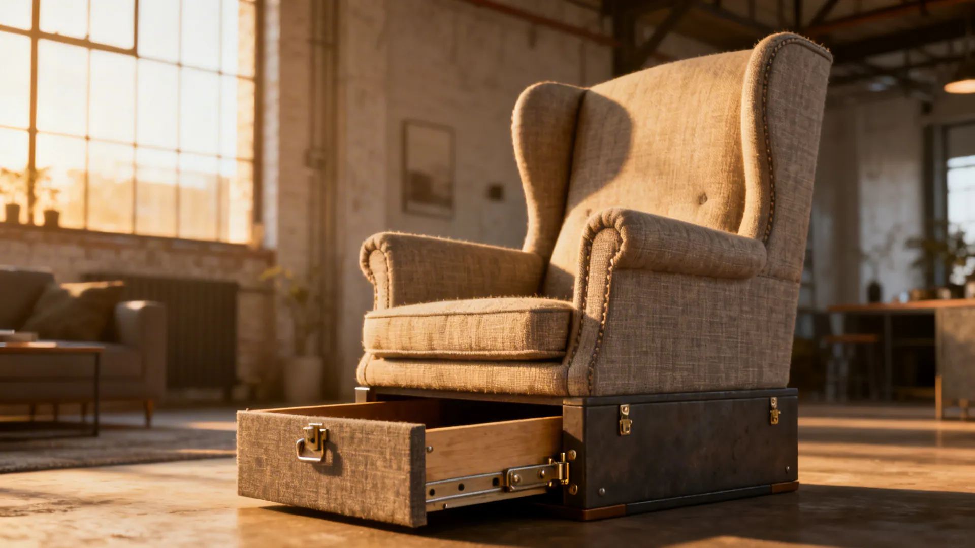 Scaled wingback chair with a built-in storage base shown open to reveal hidden compartment
