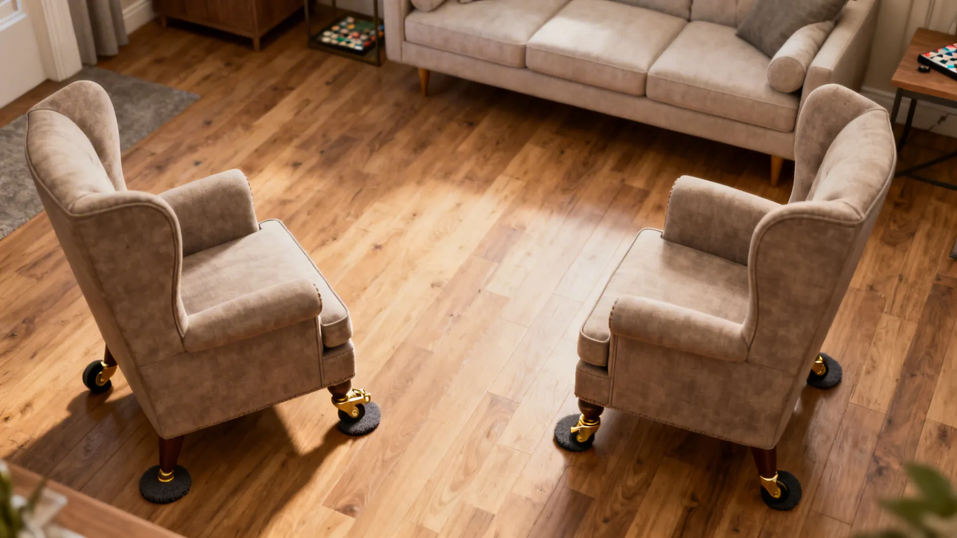 Top-down layout showing wingback chairs on brass casters reconfigured to open floor space.