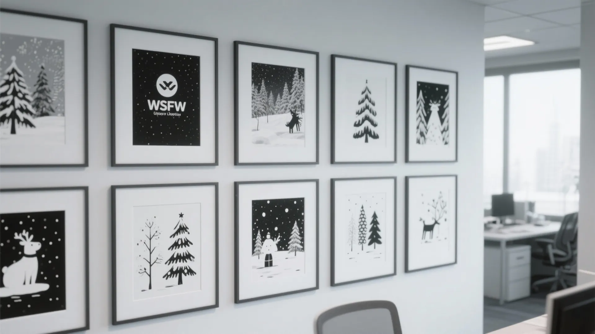 Gallery wall with black and white framed winter art prints of trees and deer office