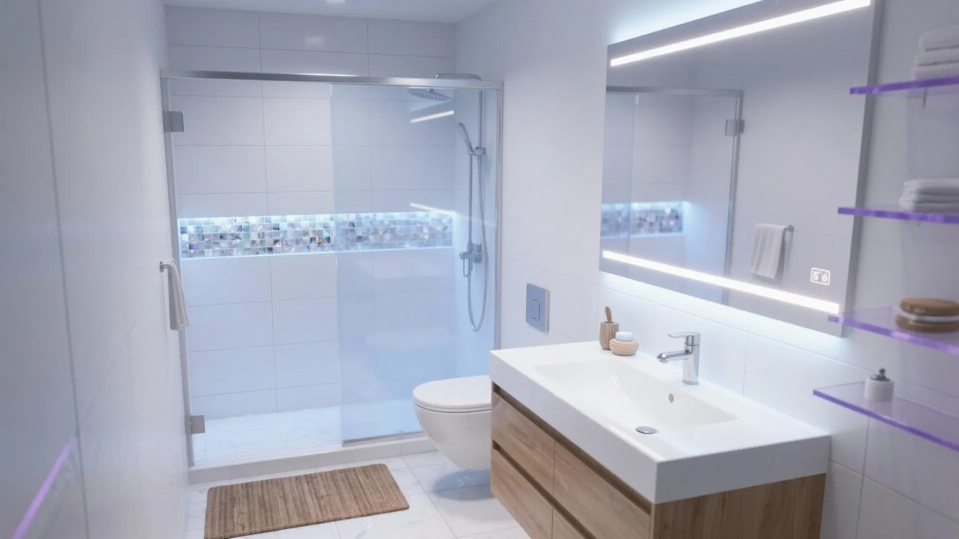 Modern white bathroom with wooden cabinet sink glass shower door large mirror and purple shelves