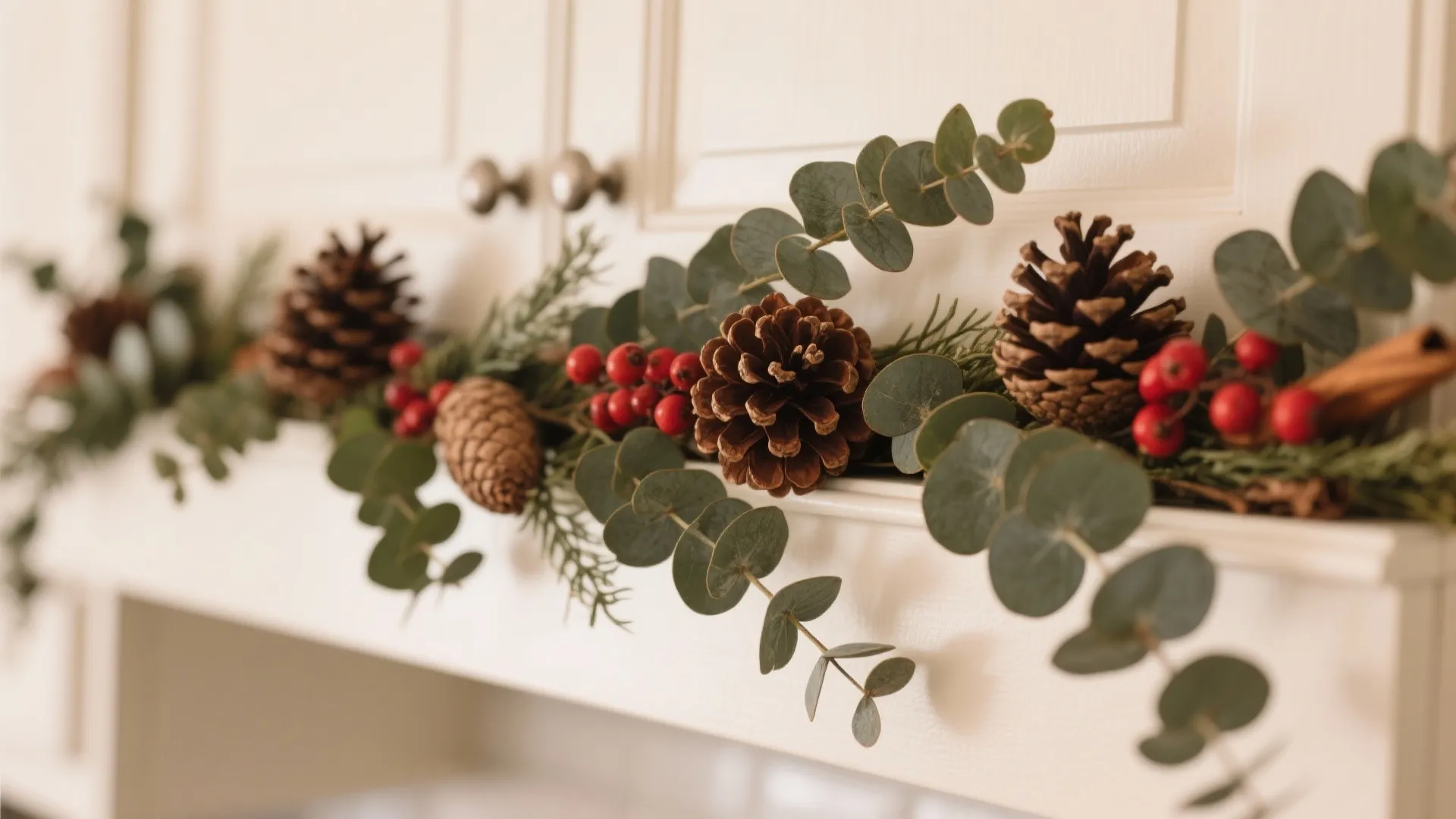 Holiday kitchen cabinet decoration featuring green leaves red berries and pine cones on a shelf