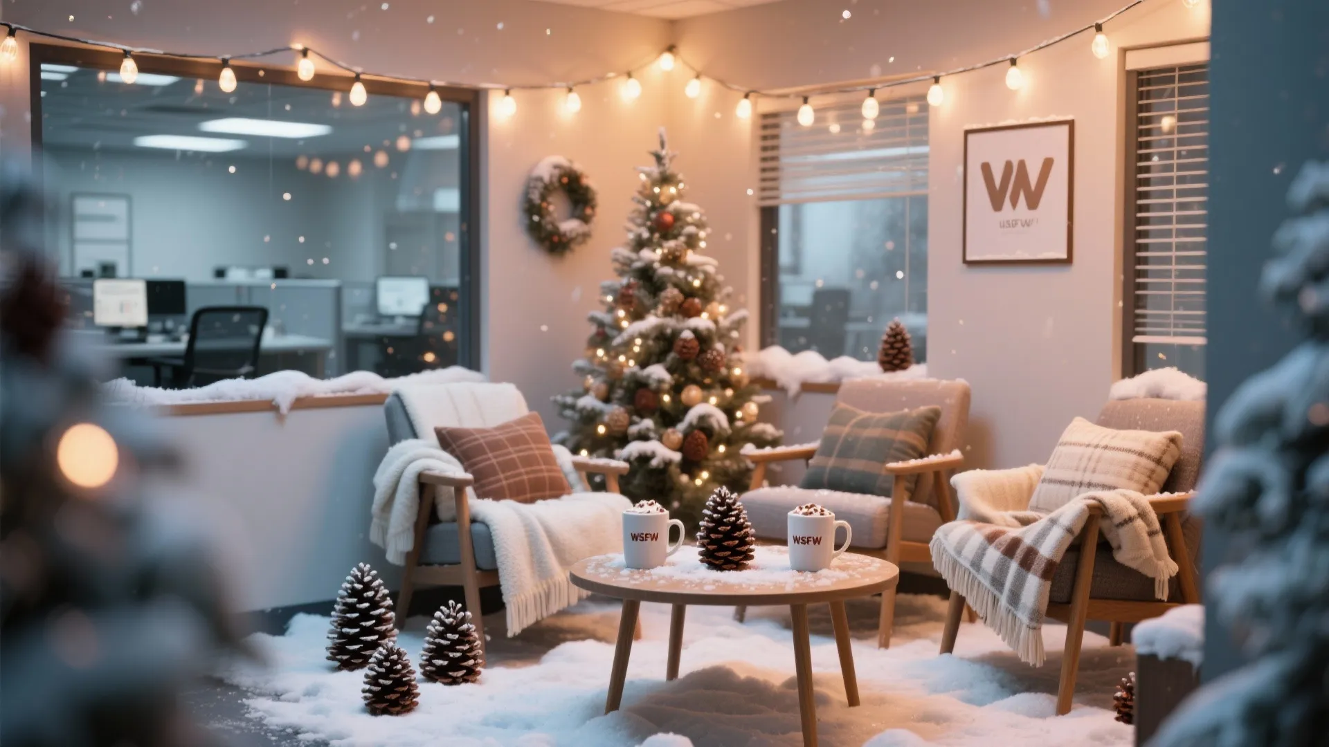 Break area decorated with winter theme