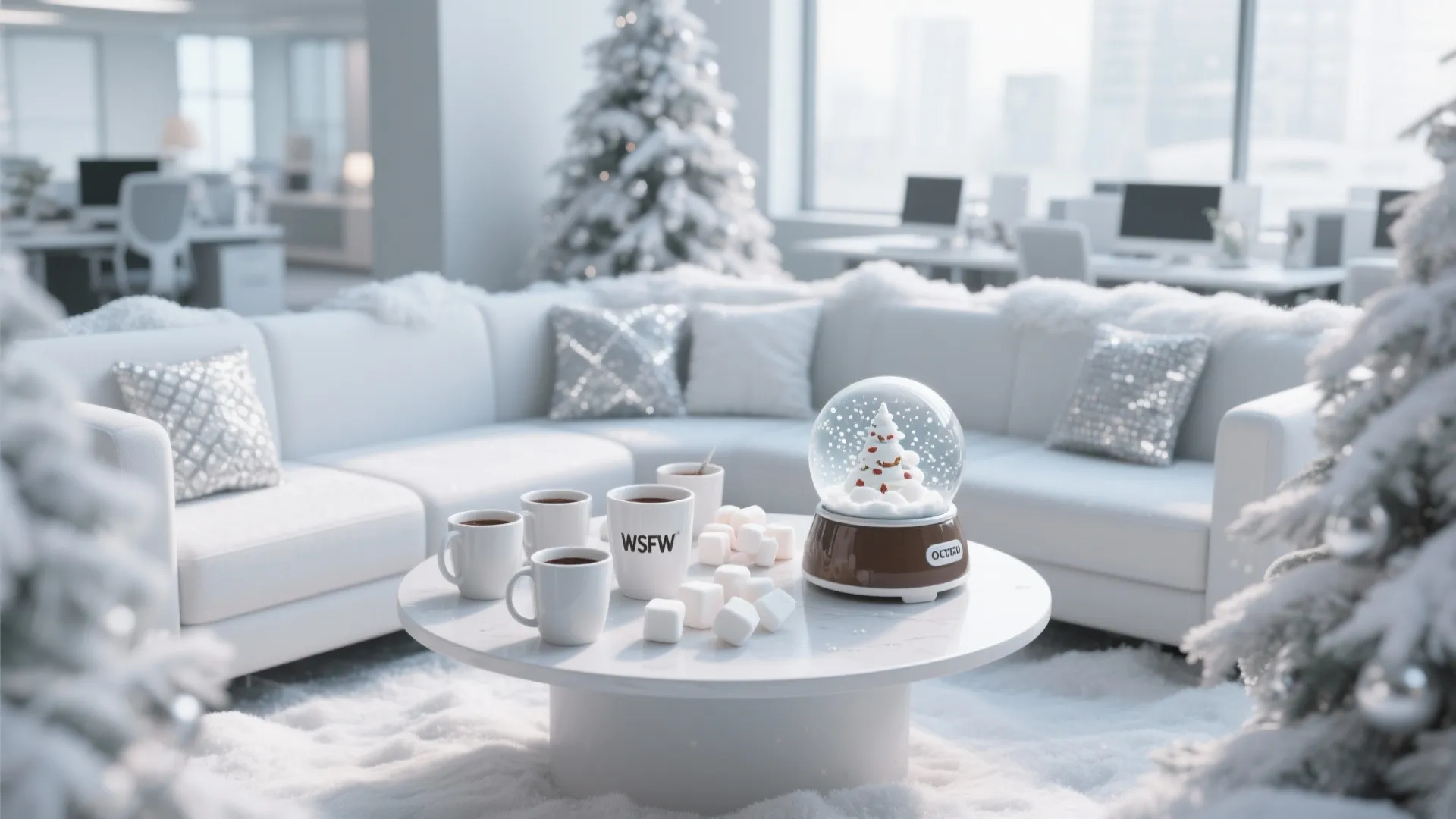 White living room sofa with silver pillows, coffee table with coffee mugs and a snow globe