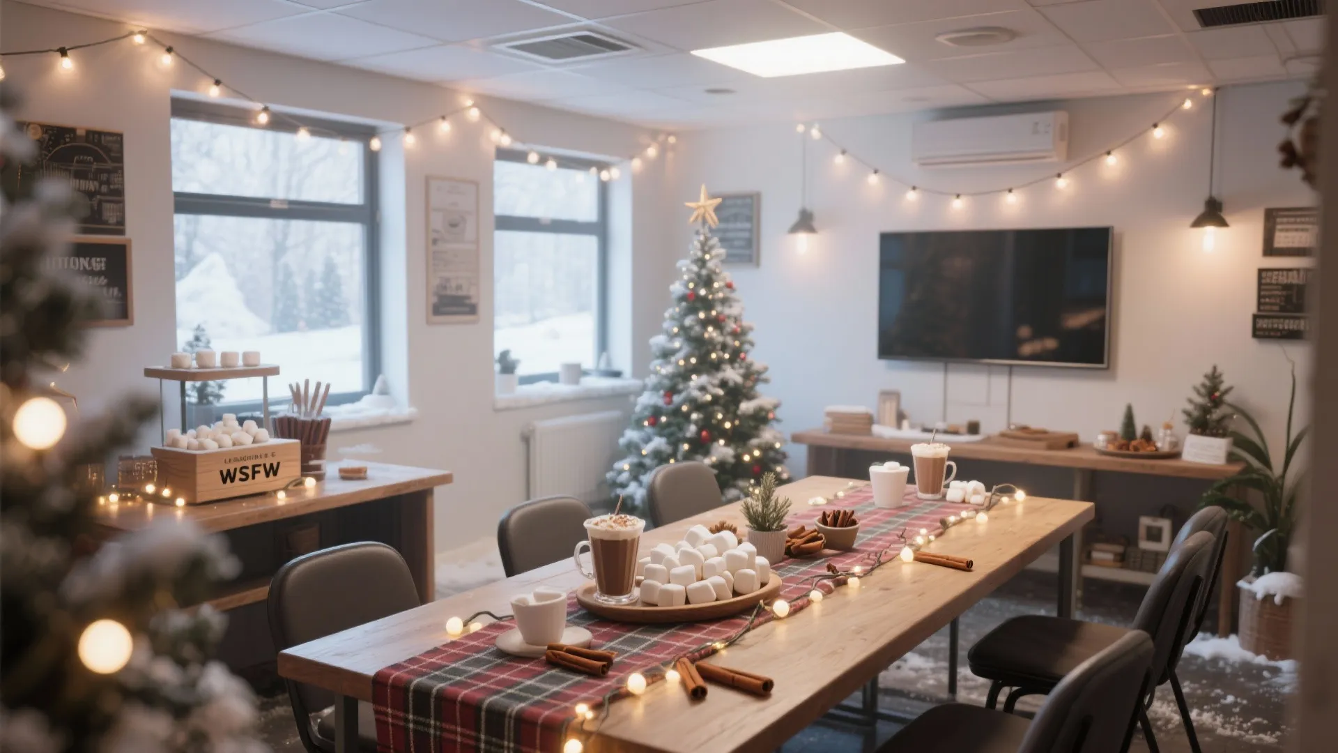 Office table with hot chocolate mugs and marshmallows near snowy Christmas tree and string lights