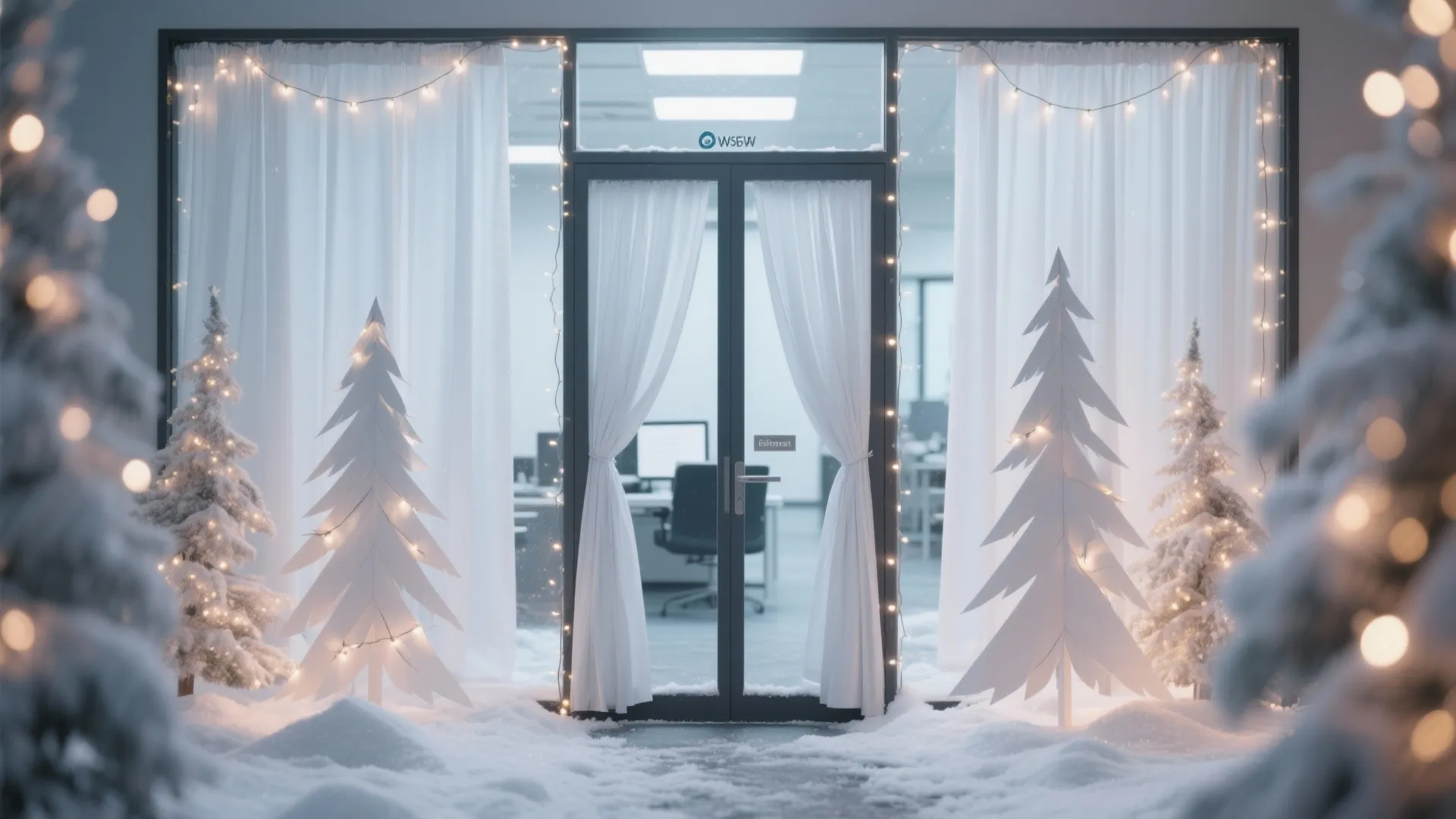 Office glass door decorated with white curtains fairy lights paper trees and artificial ground snow
