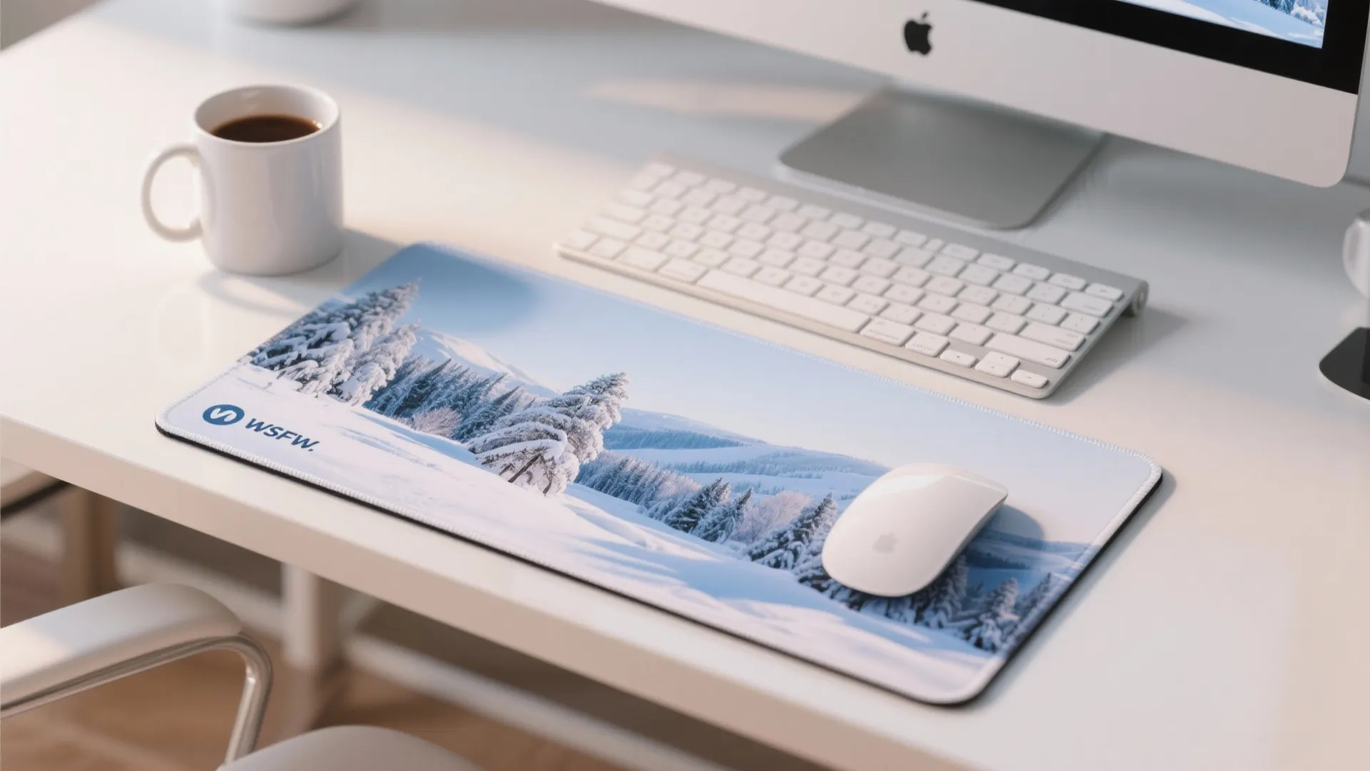 White desk featuring computer keyboard, coffee mug, and mouse pad with snowy winter mountain landscape