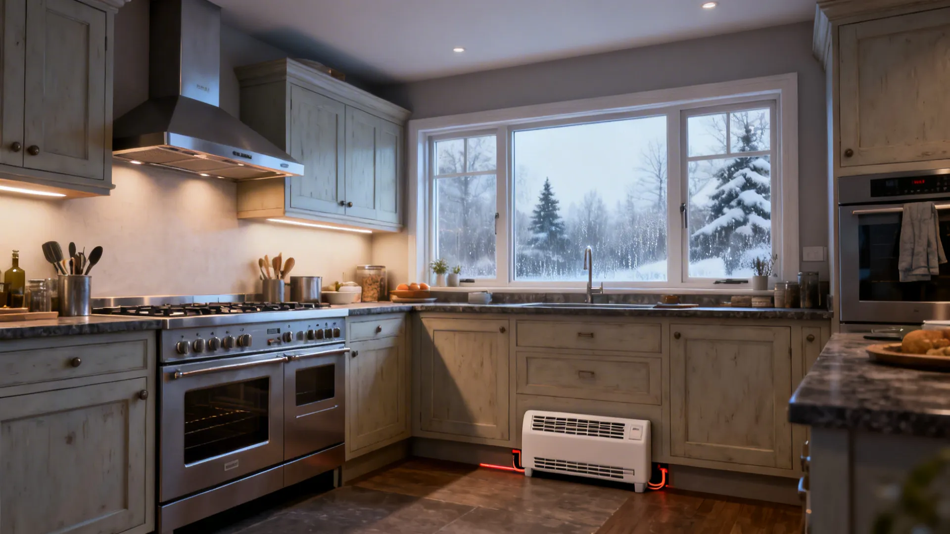Kitchen with high-capture hood, double-glazed window, toe-kick heater, and deep cabinet pulls.
