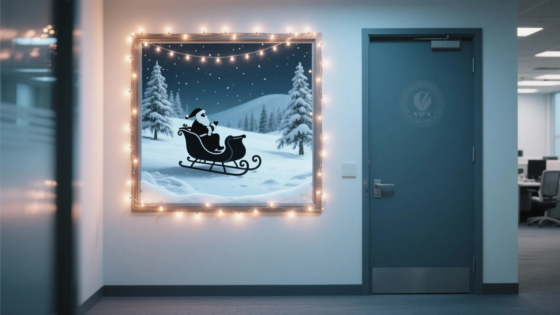 Office wall with blue door and winter scene picture frame decorated with small fairy lights