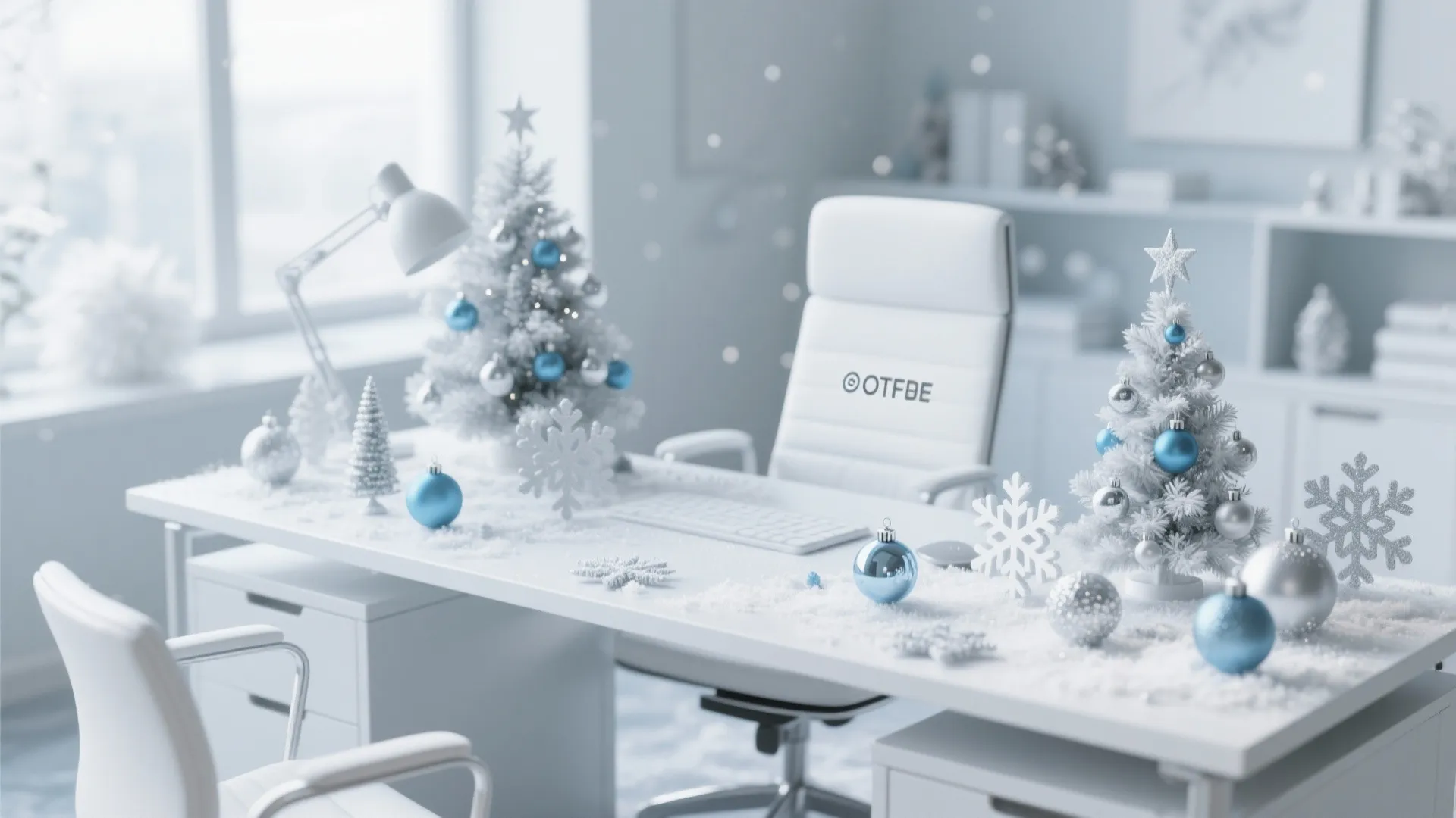 White desk with two small Christmas trees blue ornaments white chair and fake snow decoration