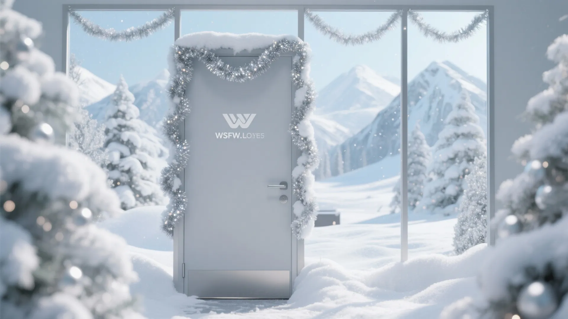White door decorated with silver tinsel and snow overlooking a winter landscape with snowy mountains