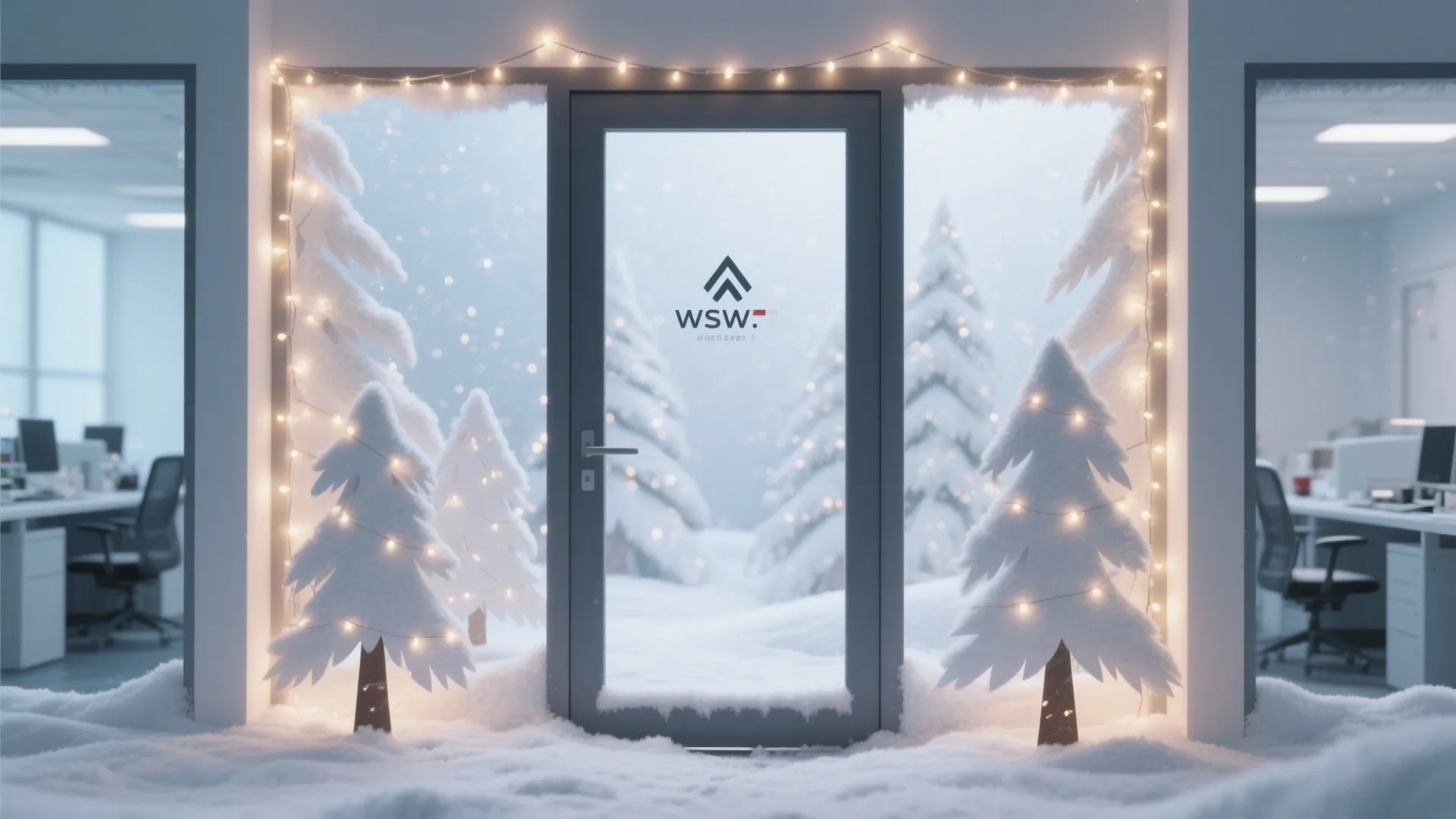 Glass office door surrounded by white snow covered trees and warm string lights during winter
