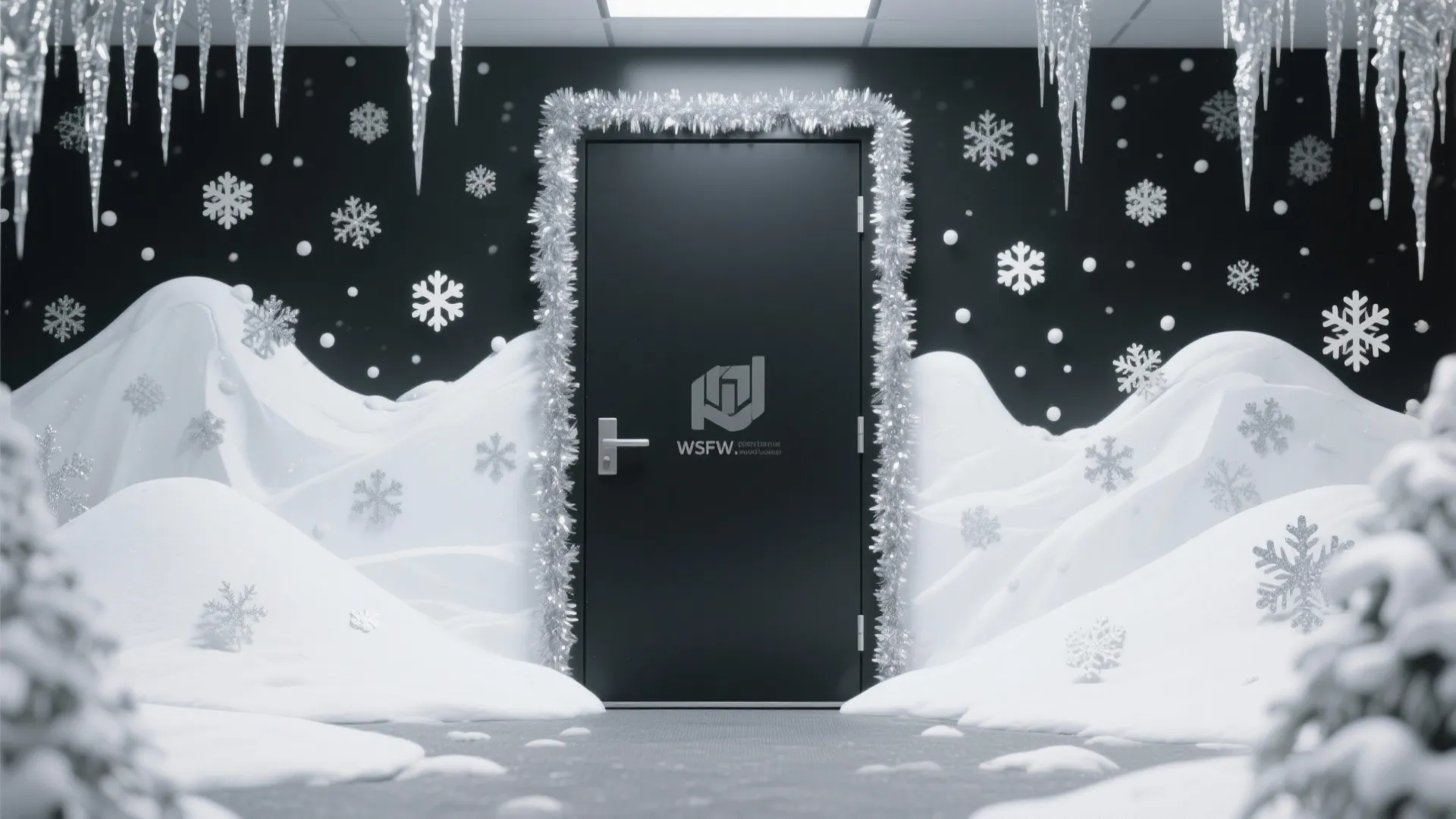 Black office door surrounded by white snow hills and silver tinsel with hanging white snowflakes