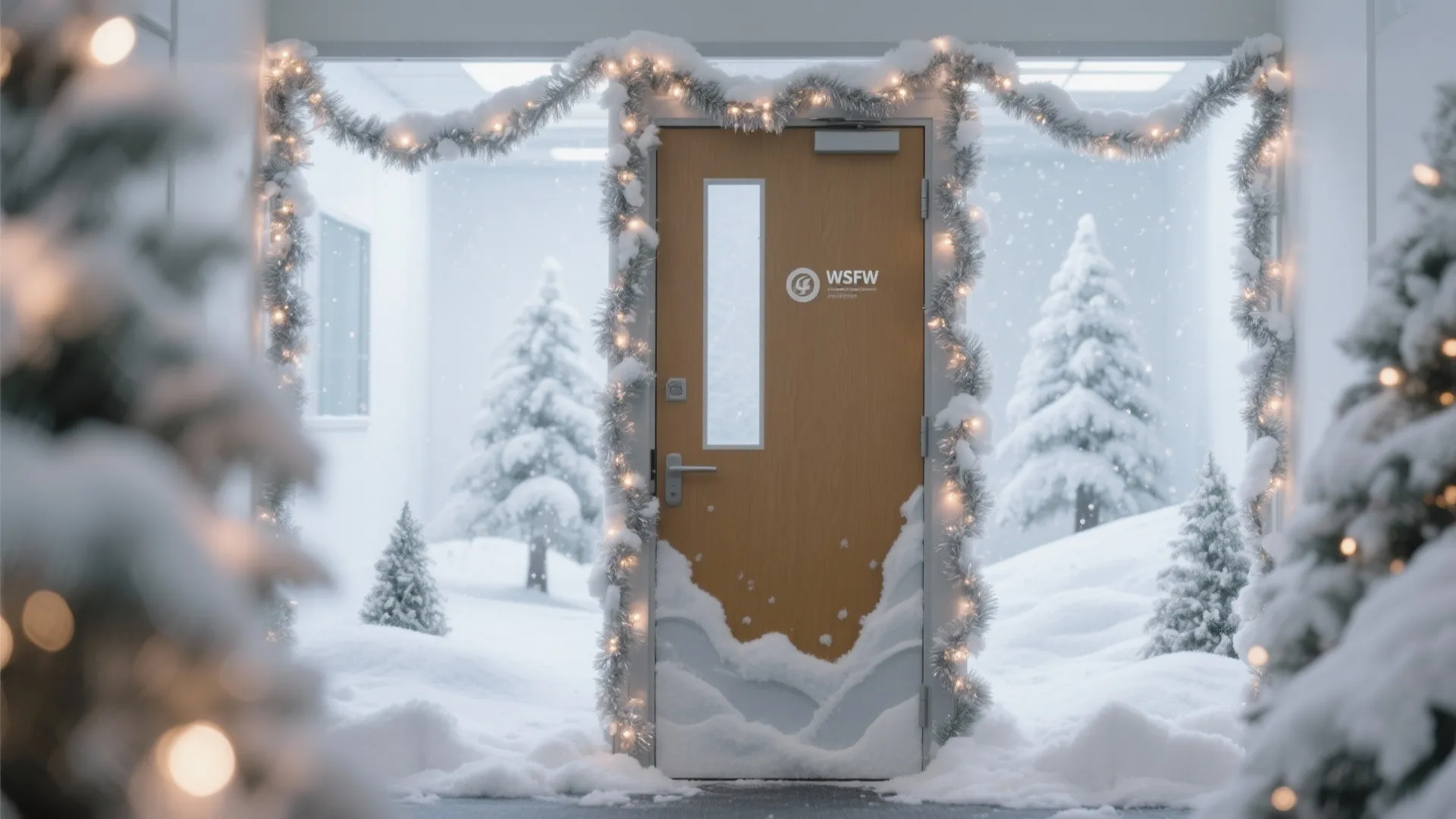Office door transformed into a snowy winter wonderland with silver garlands and LED lights