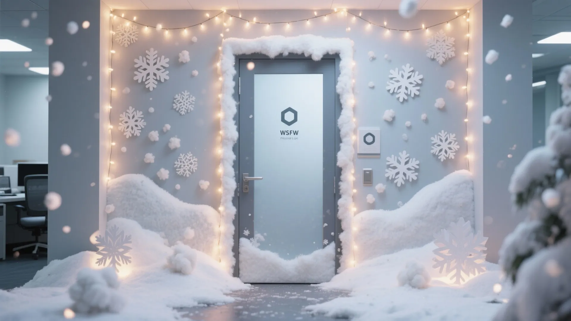 Modern office door surrounded by white snow decorations string lights and paper snowflakes winter theme
