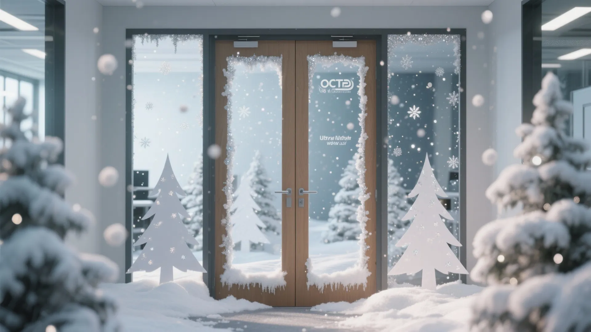 Office door decorated with snow and white paper trees