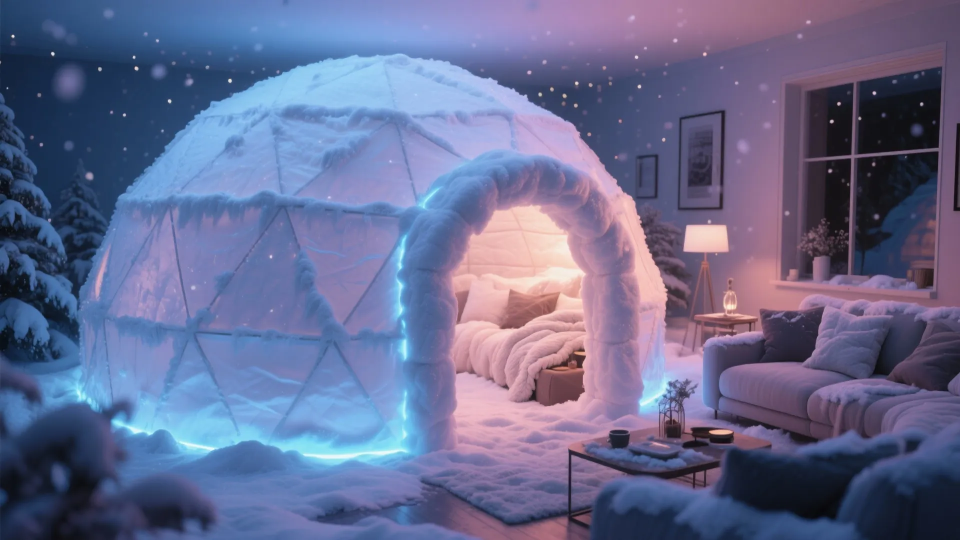 Indoor igloo-style tent with faux snow blankets and LED lighting