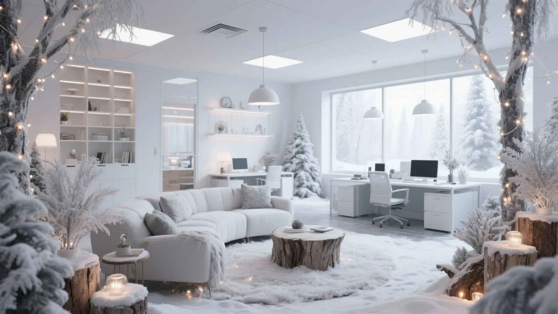 Spacious white office decorated with snow pine trees white sofa and round log wood table