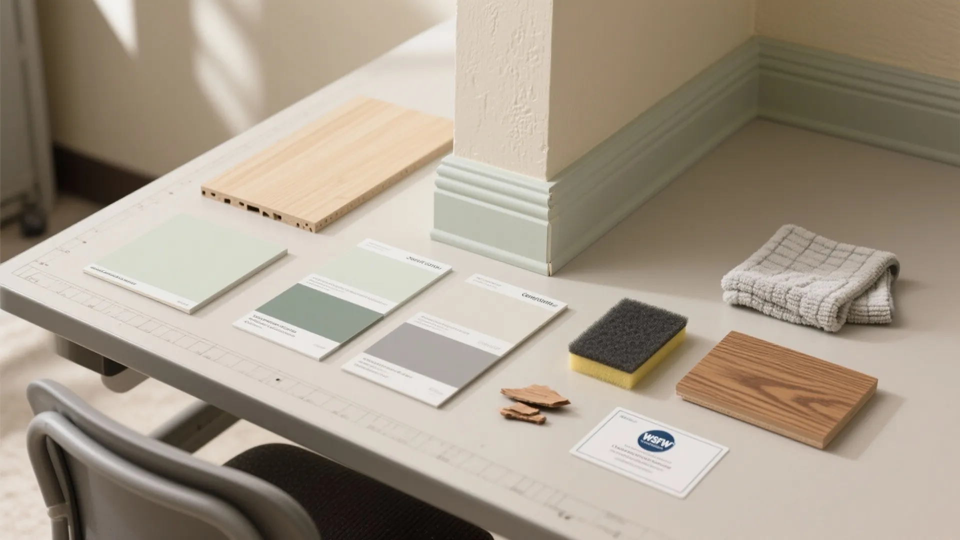 Desk with paint color samples wood flooring pieces a sponge and light green wall panel