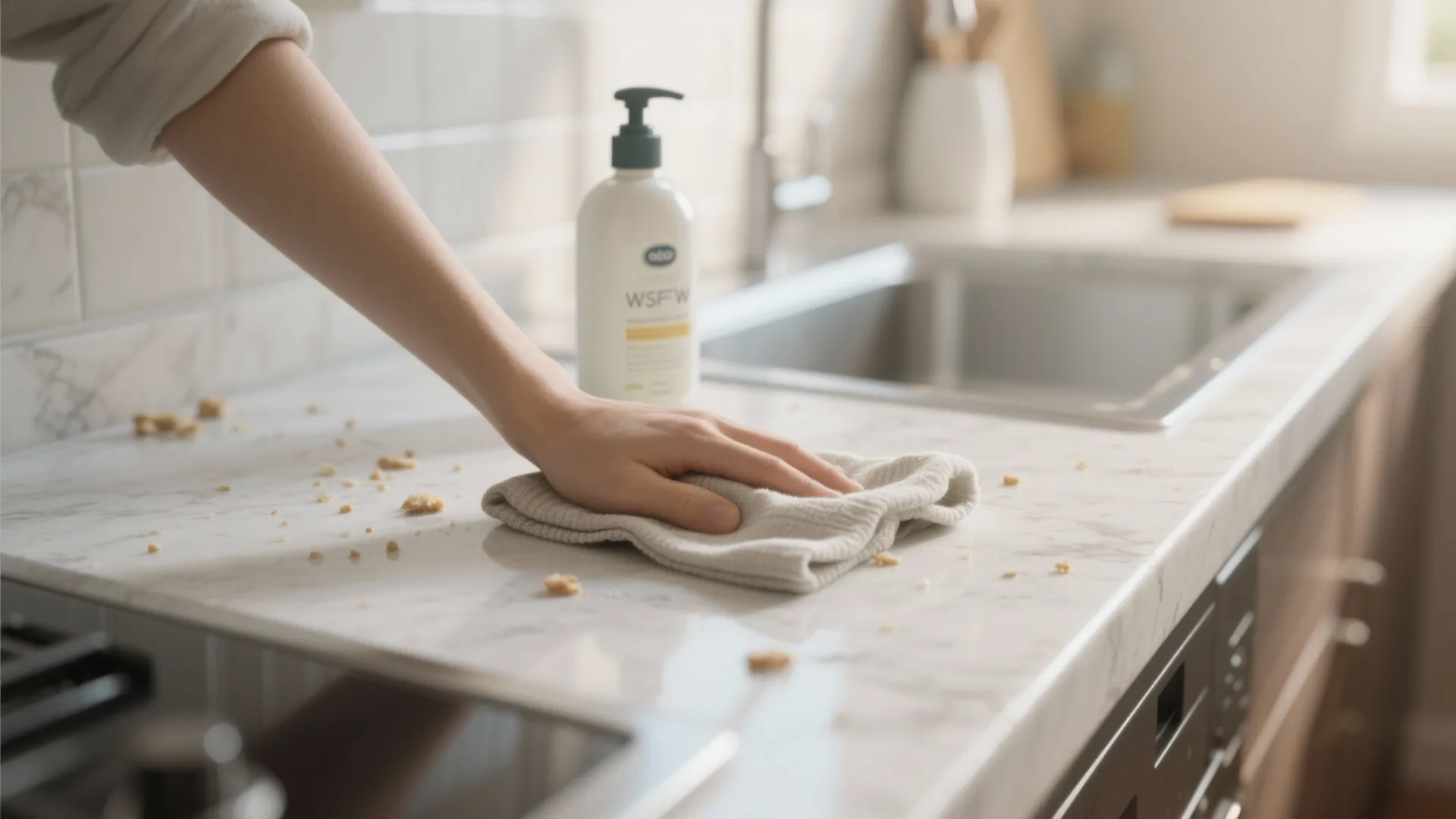 A person using a grey cloth to wipe bread crumbs off a white marble countertop