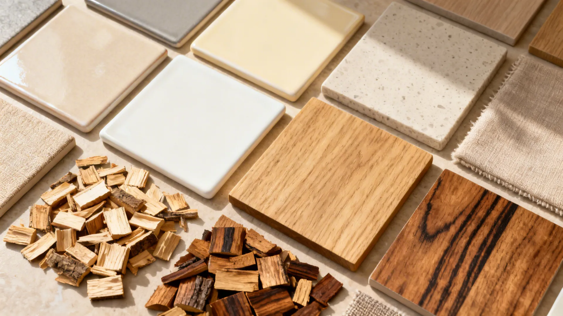 Flat lay of light ceramic, laminate, sintered stone, warm wood, and performance fabrics.