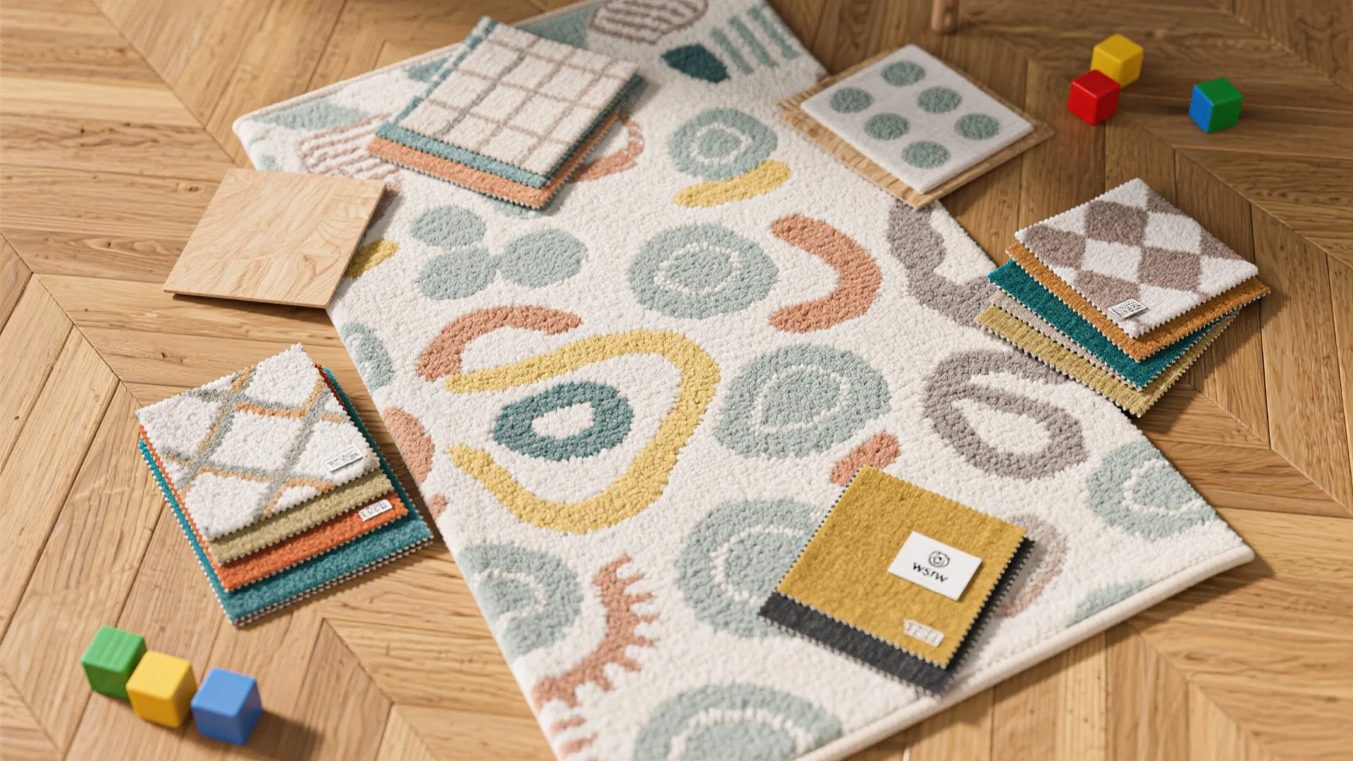 Patterned rug on wooden floor with colorful fabric swatches and small toy blocks for nursery