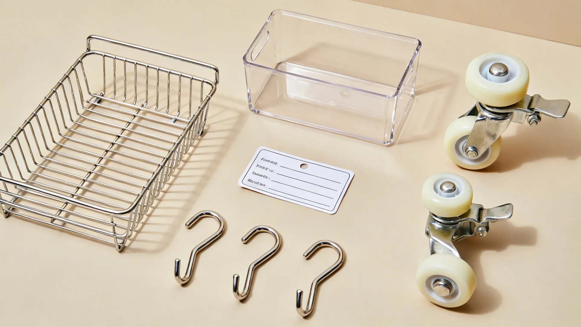 Flat lay of chrome wire shelf sample, acrylic liners, casters, and hooks for a trolley.