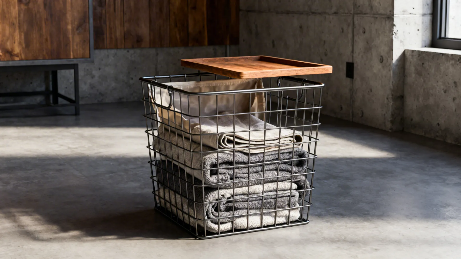 Metal wire blanket basket with a removable wooden lid doubling as a small side table in a modern loft space.