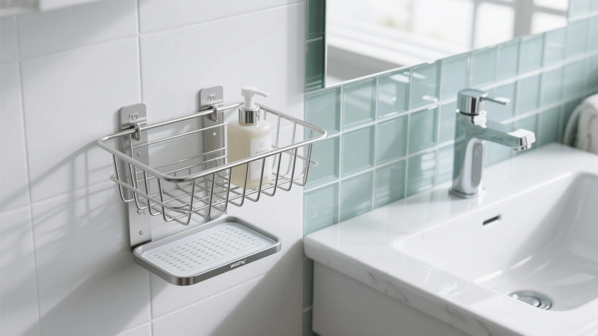 Stainless wall-mounted wire basket above a small basin with quick drainage.