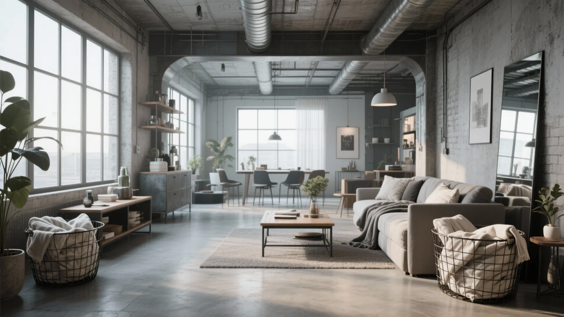 Industrial living room with grey sofa and black wire baskets holding blankets on the floor