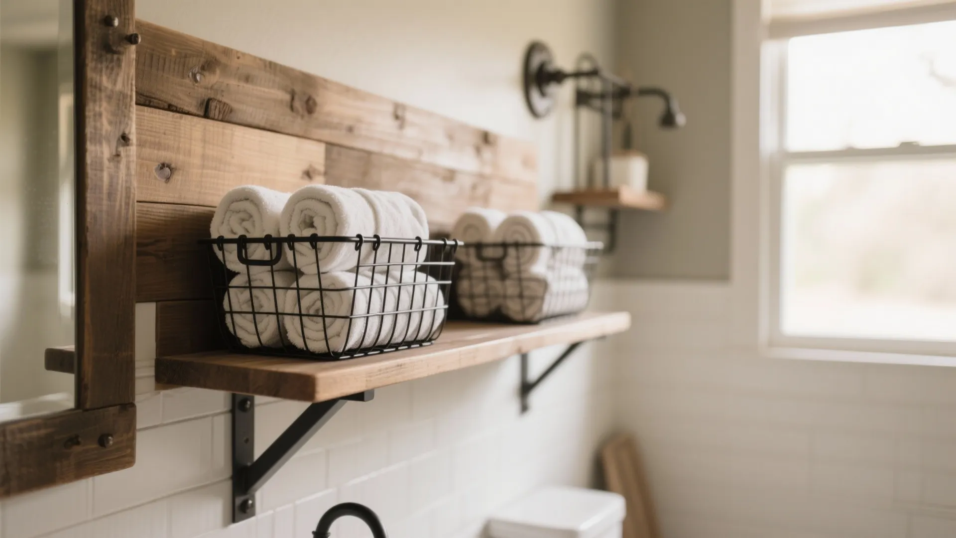 Rustic bathroom shelf with black wire baskets holding rolled white towels against a white wall