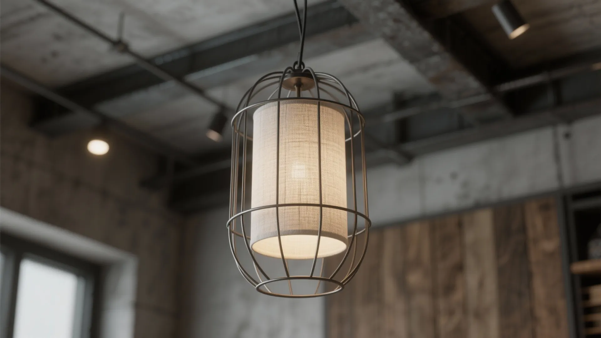 Industrial style ceiling light with metal wire cage and fabric shade in a modern room