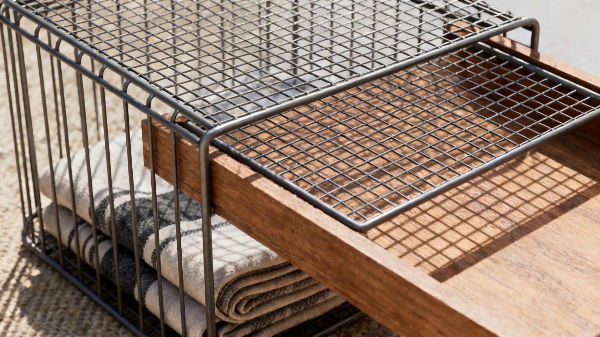 Wire-cage metal side table with removable wooden tray partially pulled out and a folded throw inside.