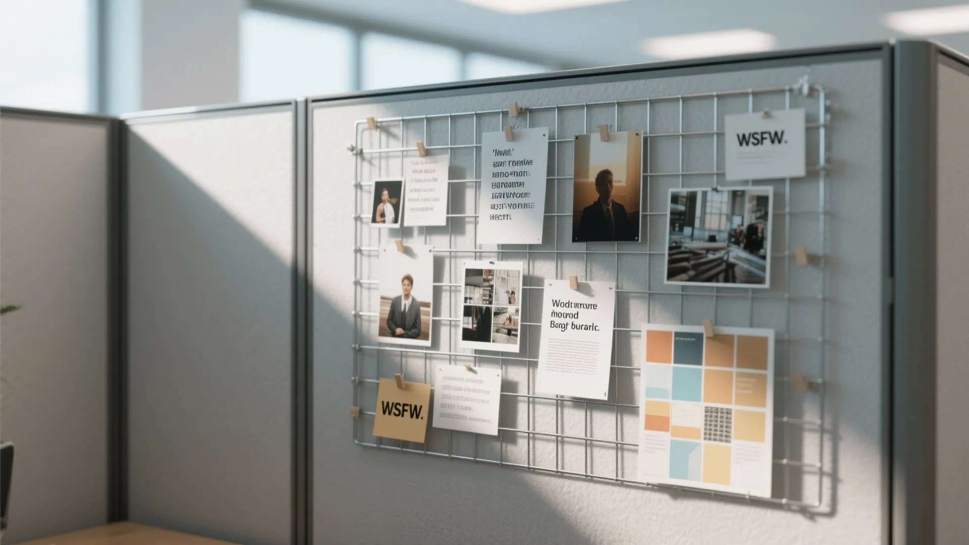 Office cubicle wall featuring a metal wire grid decorated with photos and small notes clipped