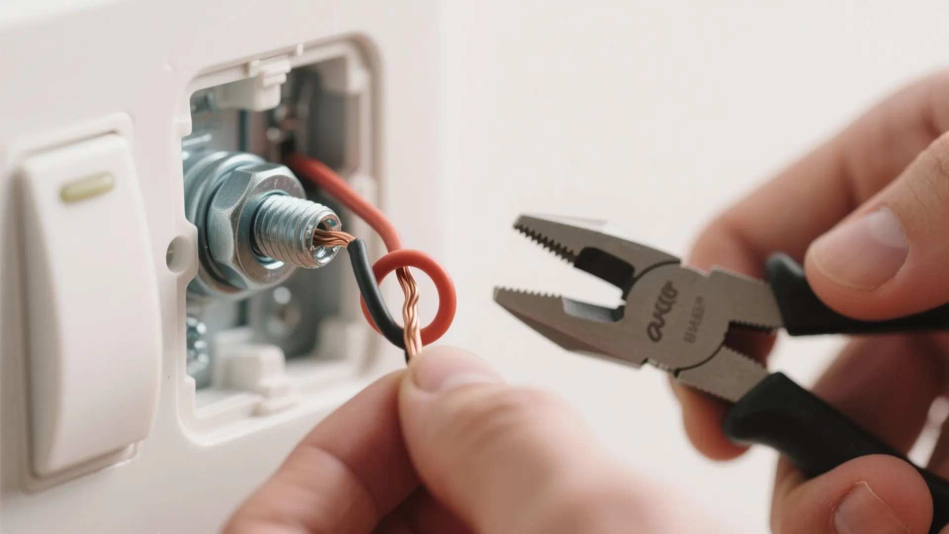 Person using metal pliers to twist copper electrical wires for a wall light switch installation