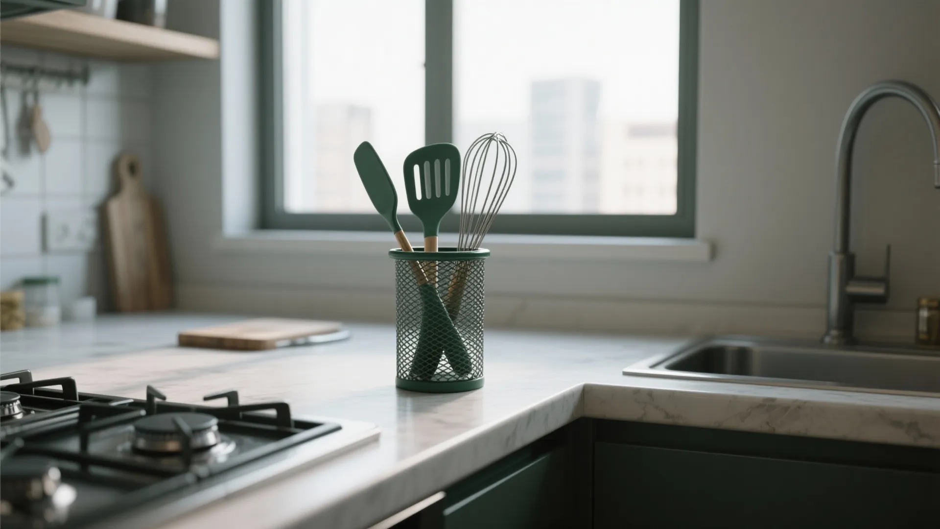 Kitchen counter with green cooking tools in mesh holder near stove sink and bright window