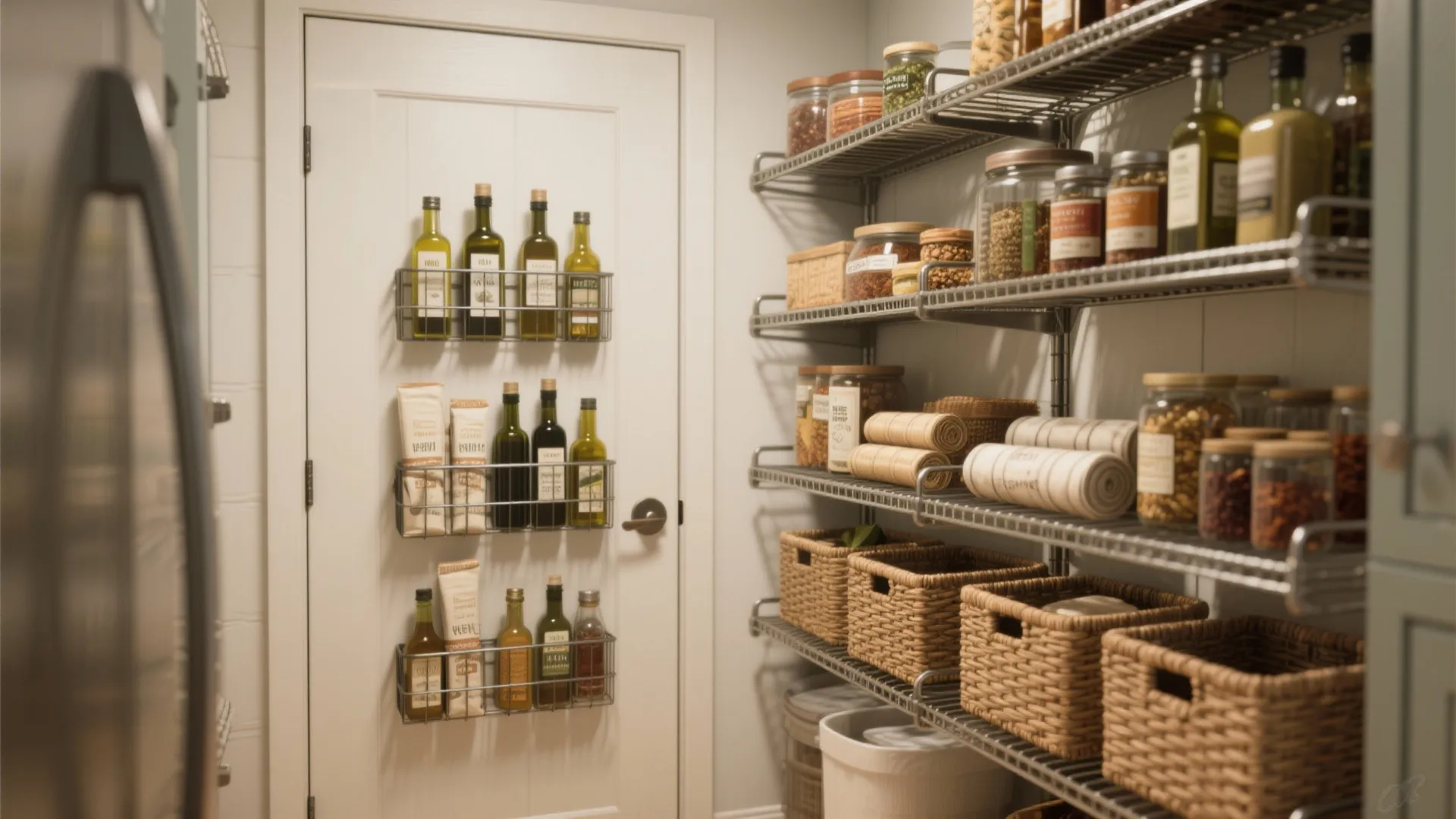 Pantry room with metal wire shelves holding baskets and spice racks mounted on the door